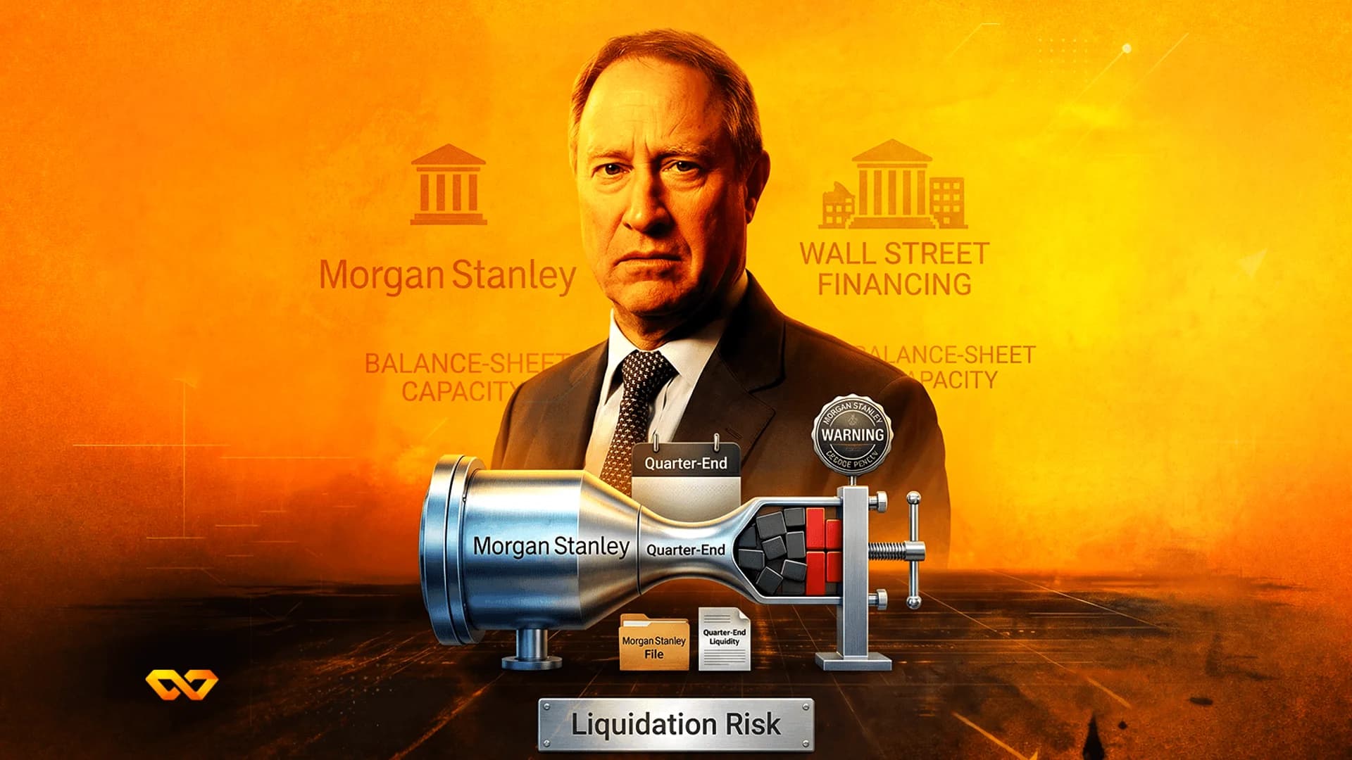 Portrait of a man with Morgan Stanley text and a mechanical press squeezing blocks on an orange background.