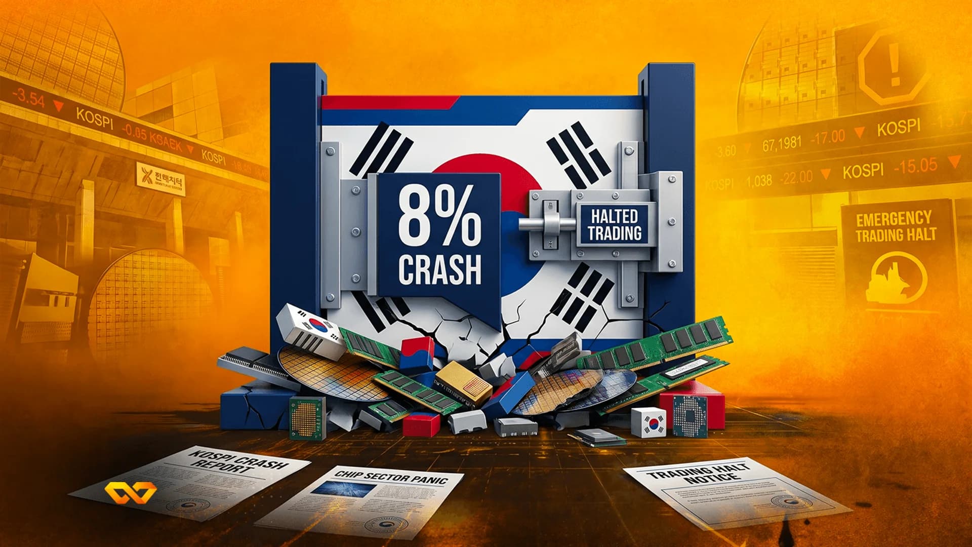 South Korean flag on a locked vault with '8% CRASH' sign, surrounded by computer chips and market reports.