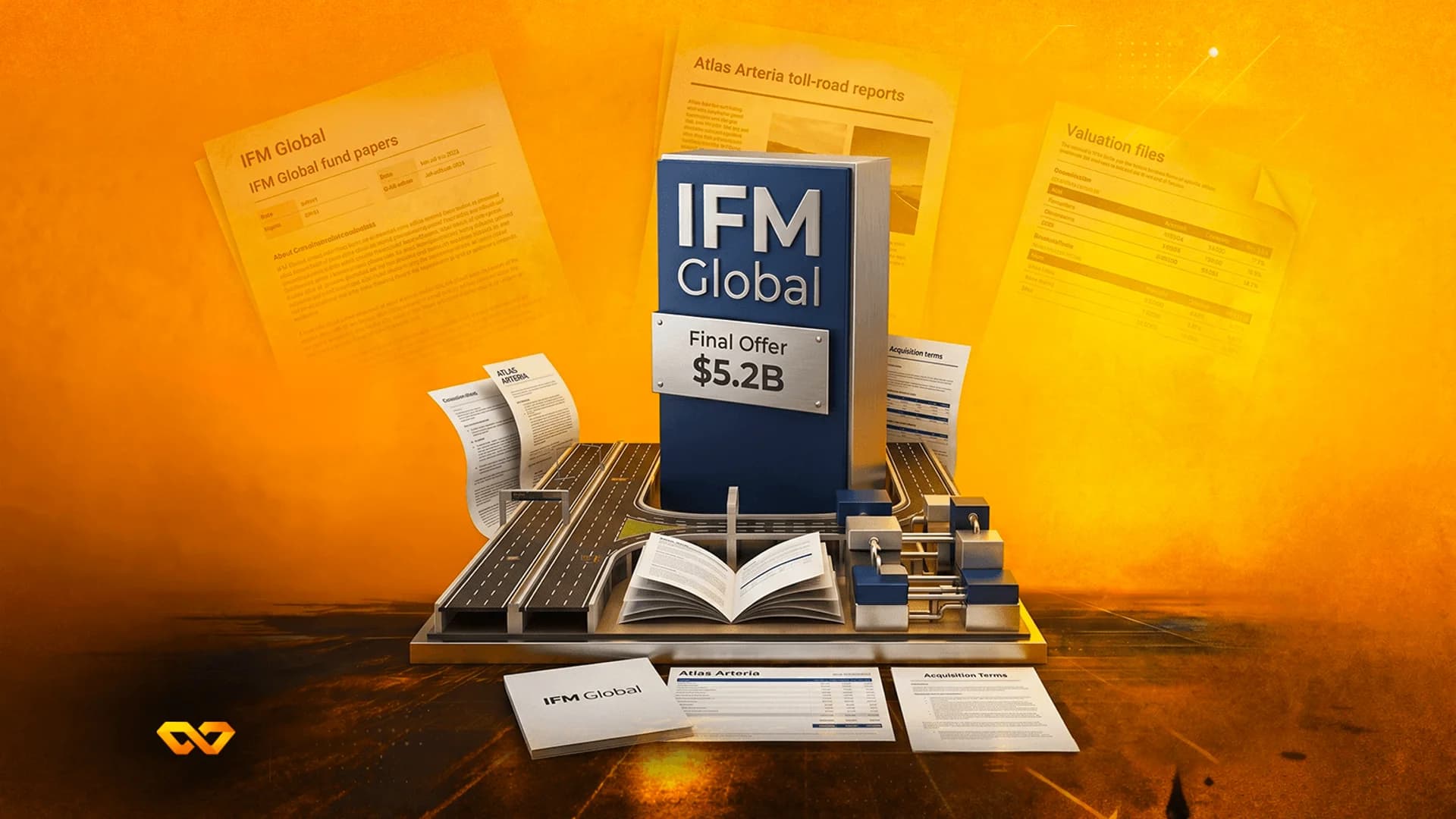 A blue block labeled IFM Global with a $5.2B offer plaque sits on a miniature highway model surrounded by documents.