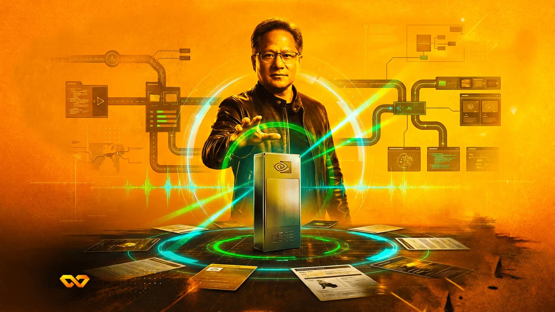Jensen Huang in a leather jacket stands behind a glowing NVIDIA hardware block amidst digital diagrams.
