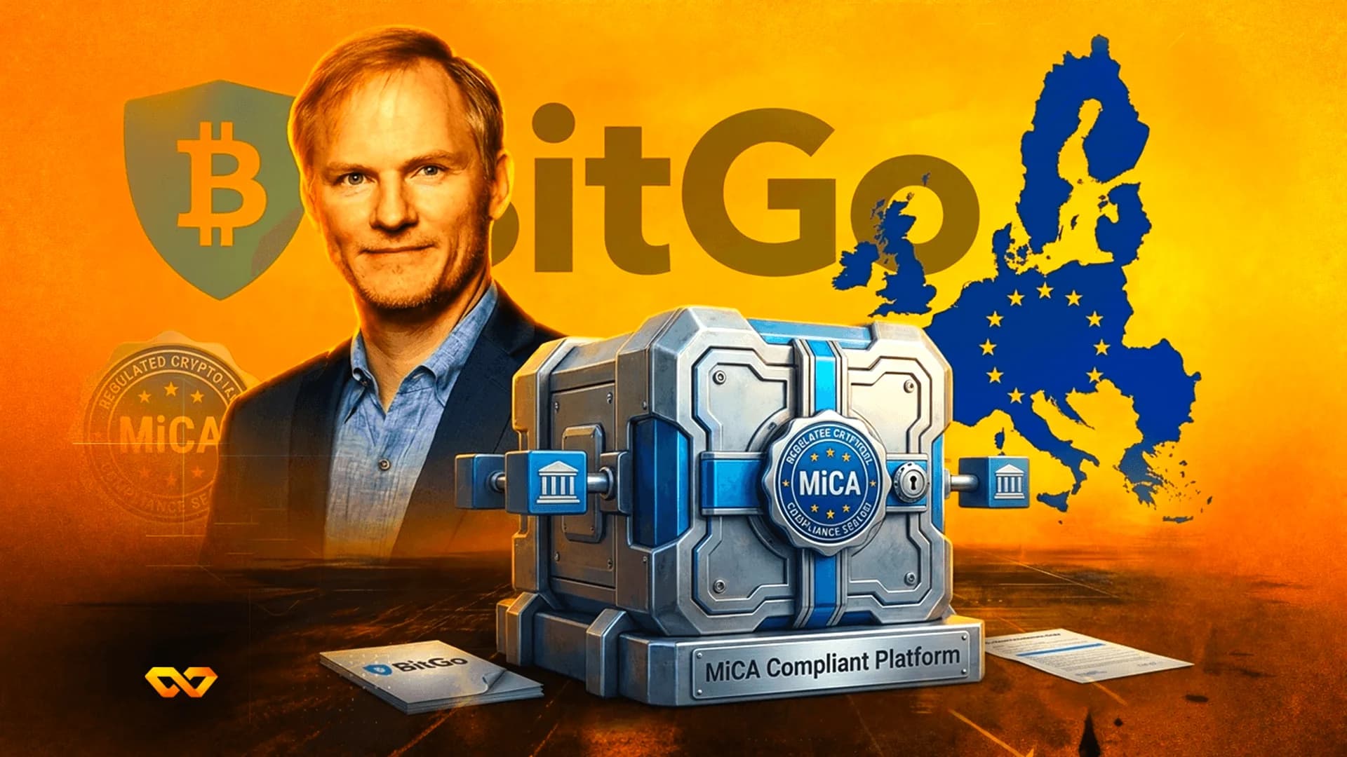 Portrait of a man, BitGo logo, EU map, and a silver vault labeled MiCA Compliant Platform on an orange background.