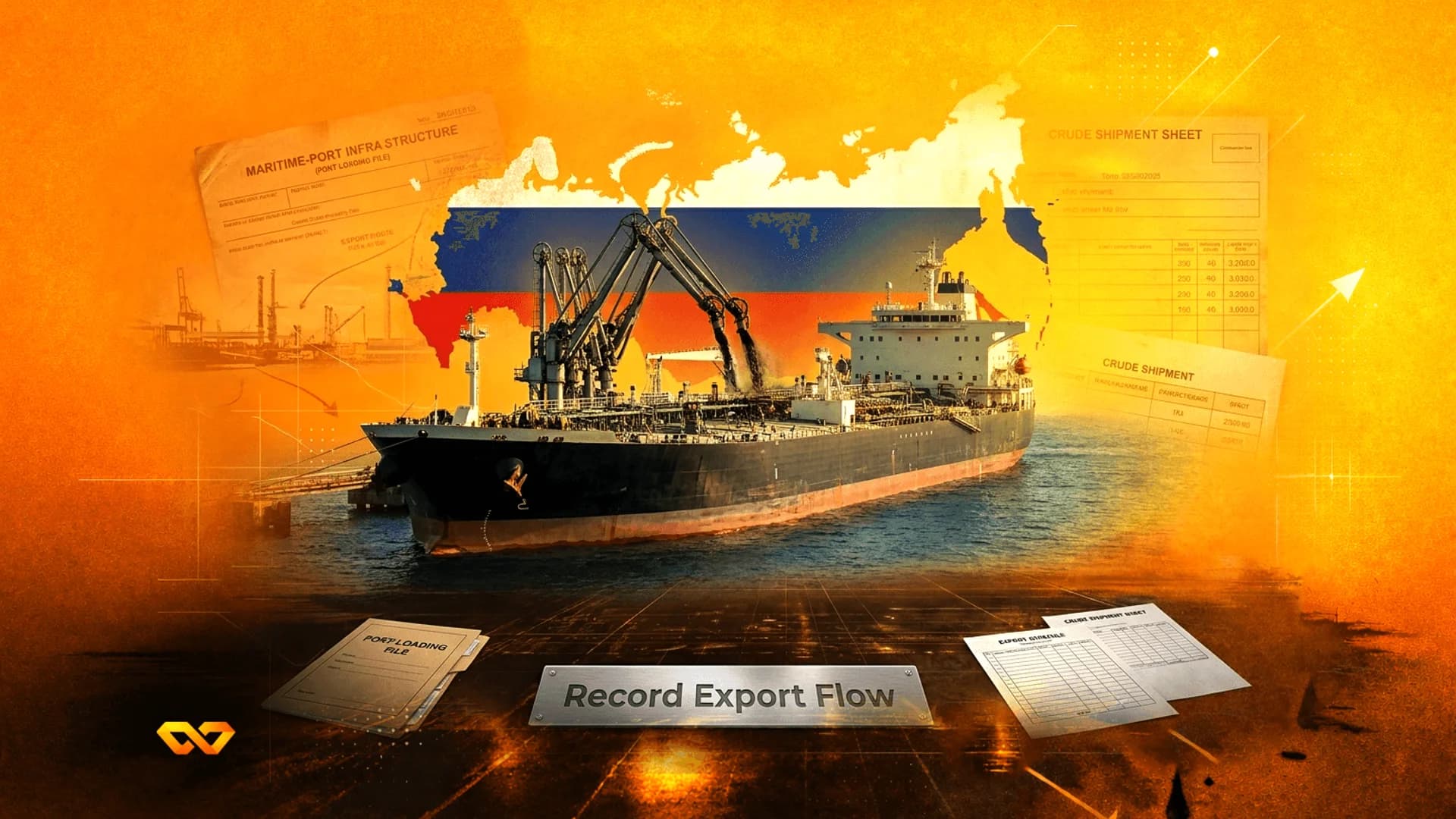 A cargo ship loading at a port against a map of Russia with the national flag colors and export documents.