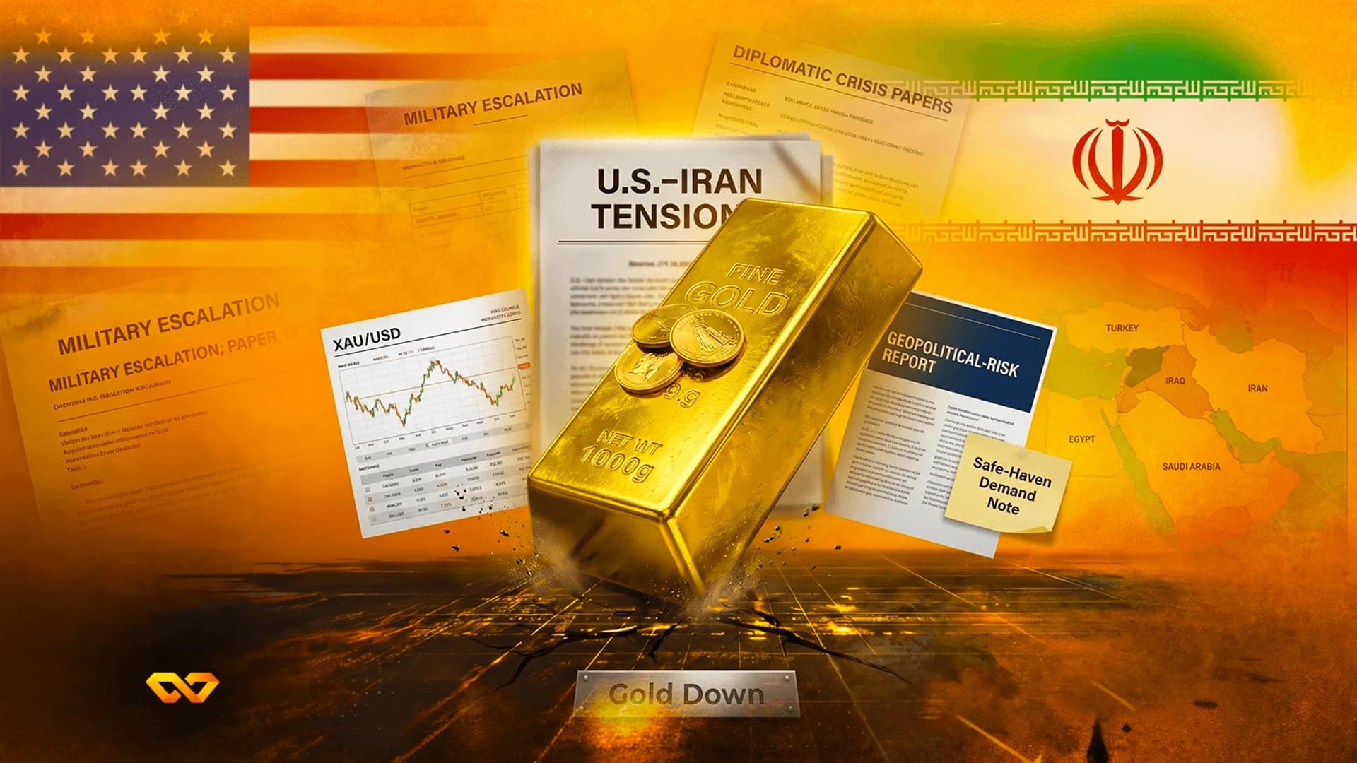 Gold bar and coins surrounded by US and Iranian flags, a Middle East map, and documents about geopolitical tension.