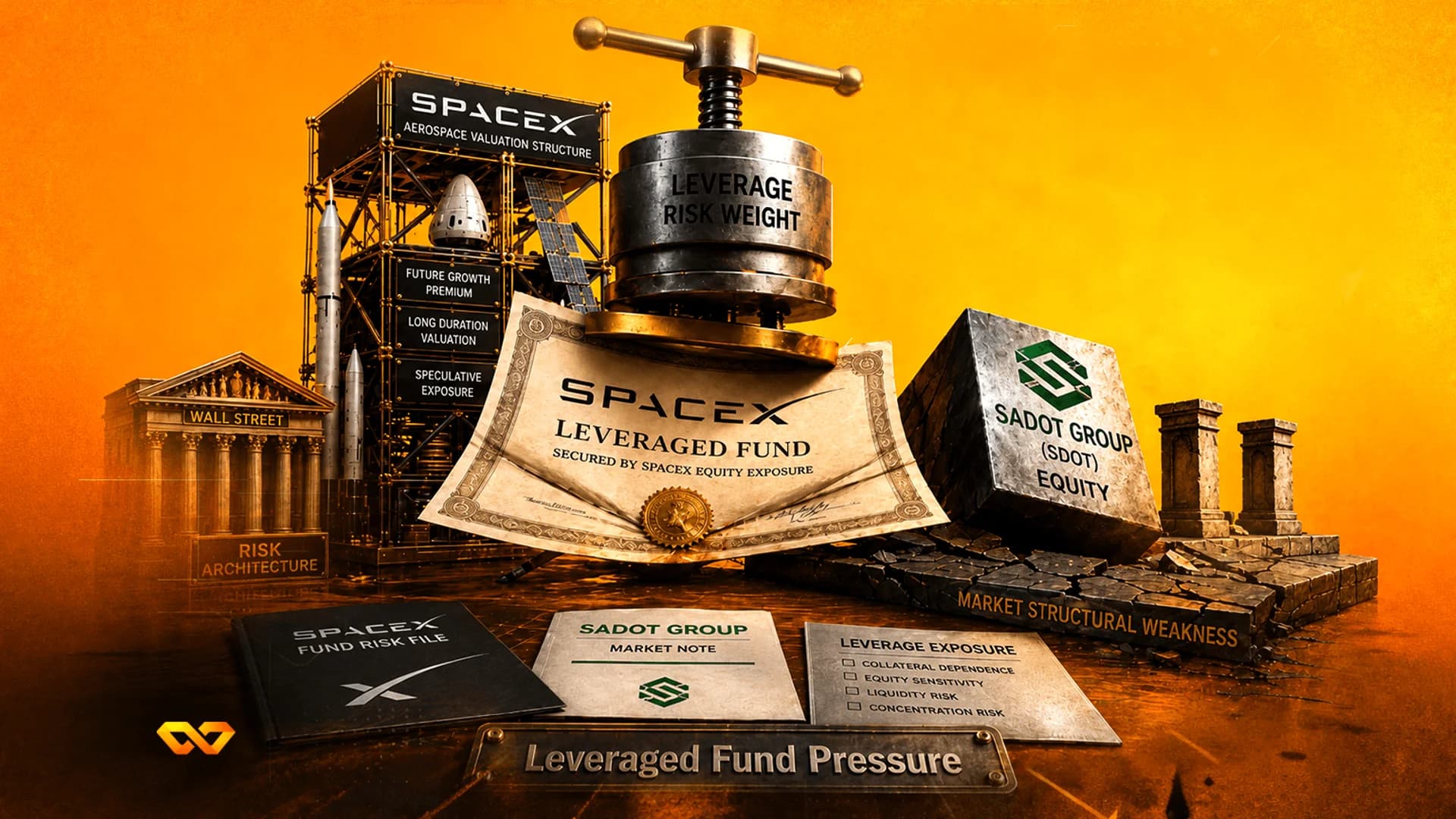 Digital illustration of a metal press labeled 'Leverage Risk Weight' crushing a SpaceX document on an orange background.