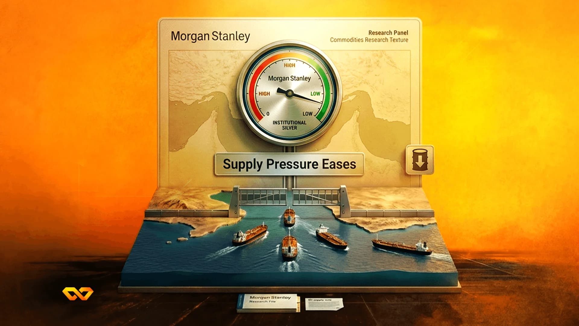 3D diorama of cargo ships passing through a canal gate below a Morgan Stanley gauge showing low supply pressure.