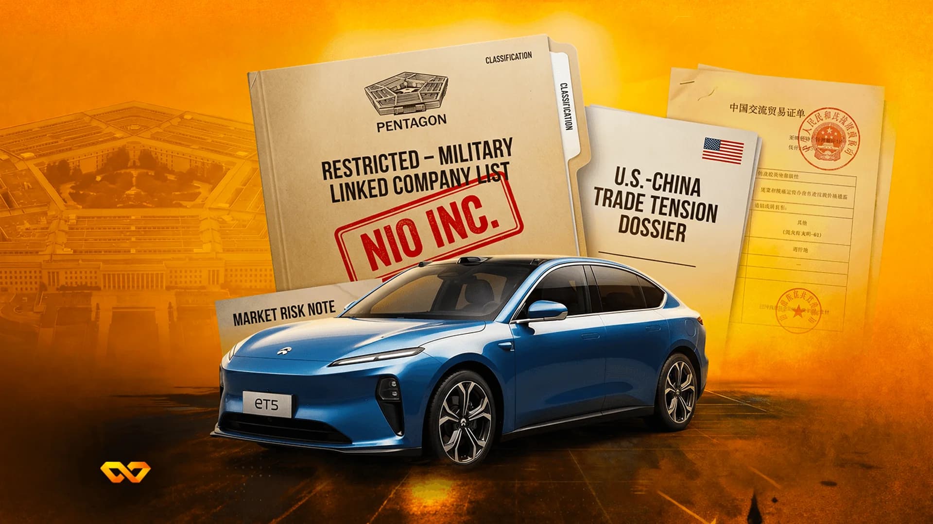 A blue NIO ET5 car in front of folders labeled Pentagon and U.S.-China Trade Tension Dossier on an orange background.