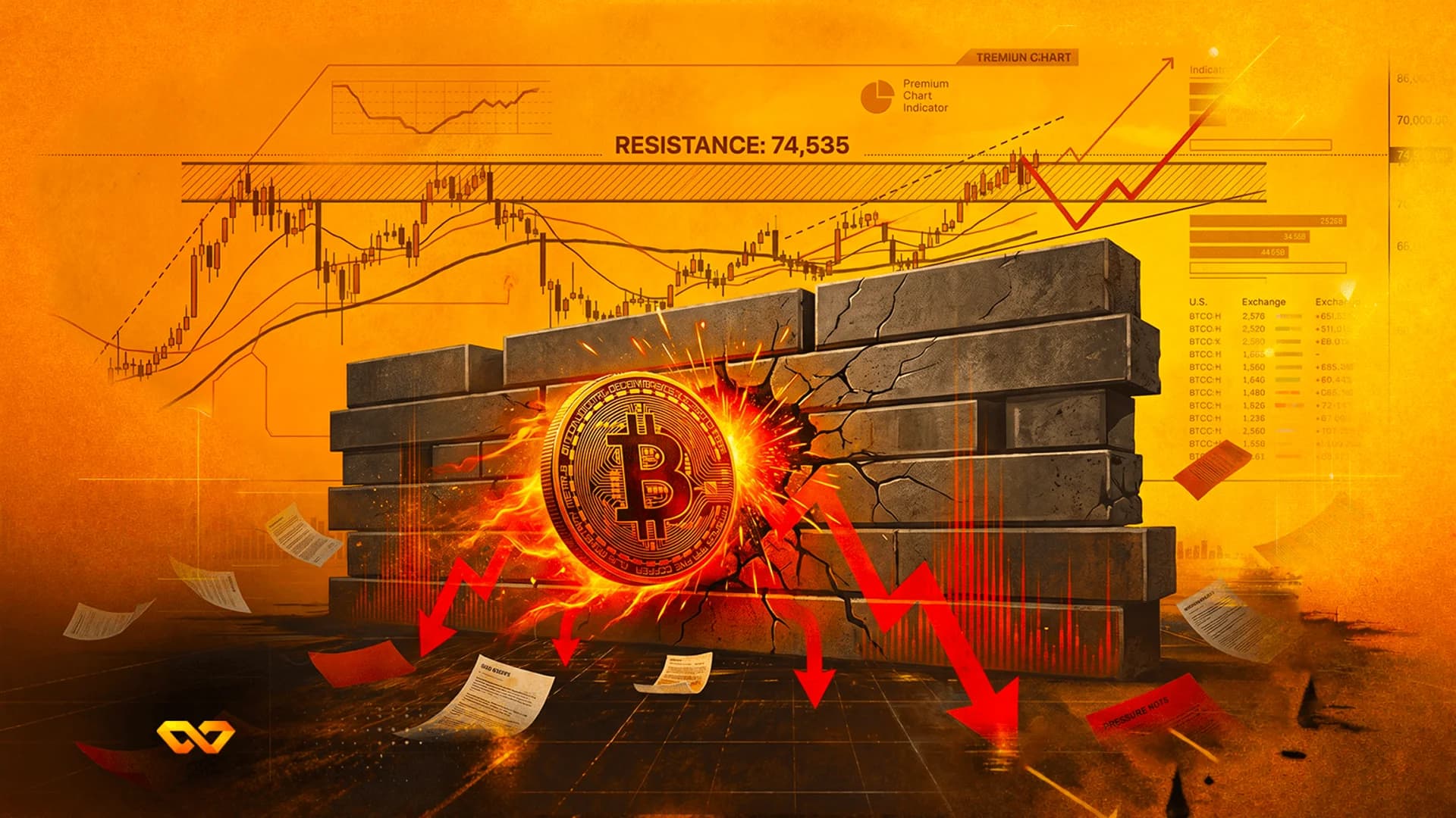 A gold Bitcoin coin breaking through a grey stone wall against an orange background with financial charts.
