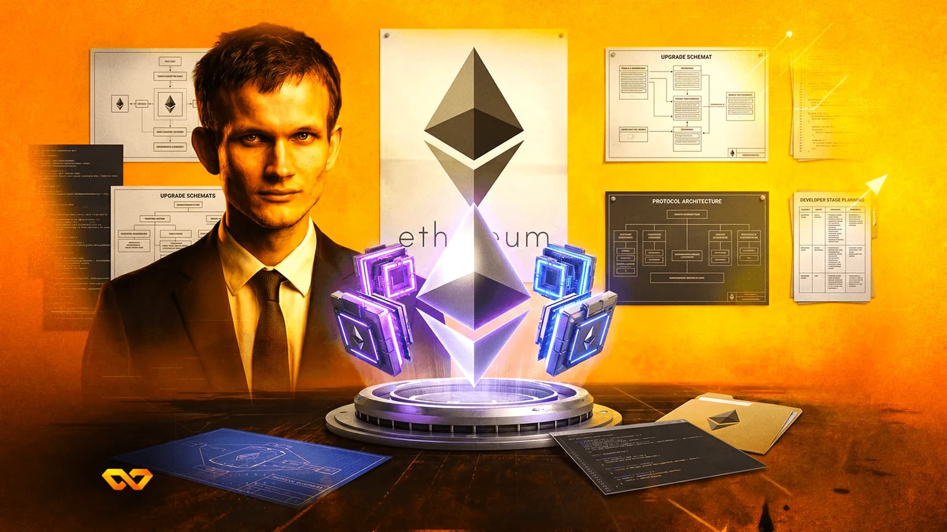 Digital illustration of Vitalik Buterin with Ethereum logos, technical diagrams, and code on a yellow background.