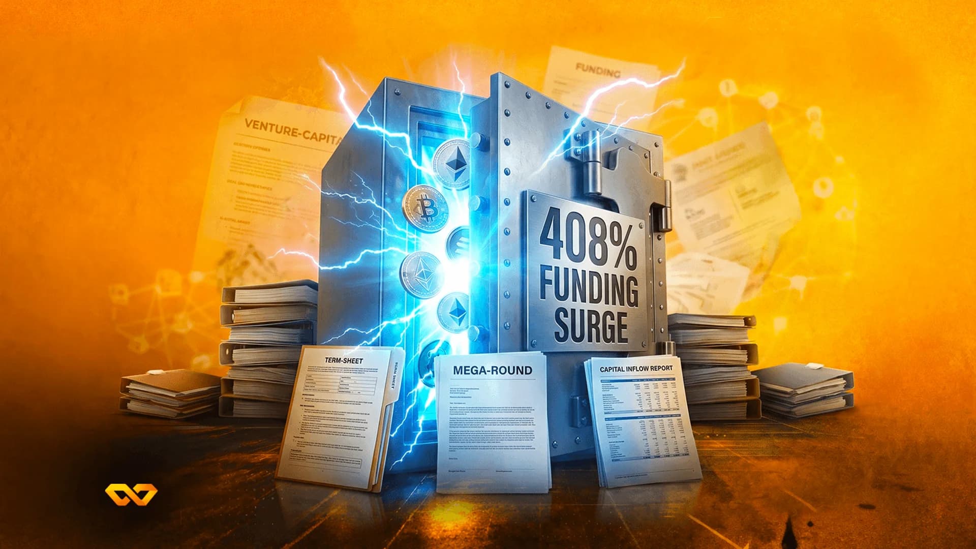 A metal safe emitting blue lightning, filled with crypto coins, surrounded by stacks of financial documents.