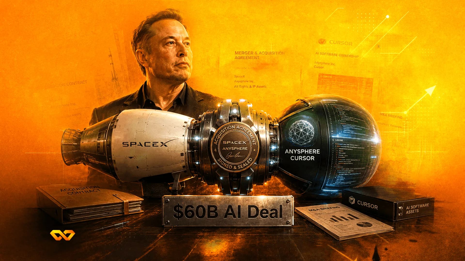 Elon Musk behind a futuristic device connecting a SpaceX rocket to an Anysphere Cursor sphere, orange background.