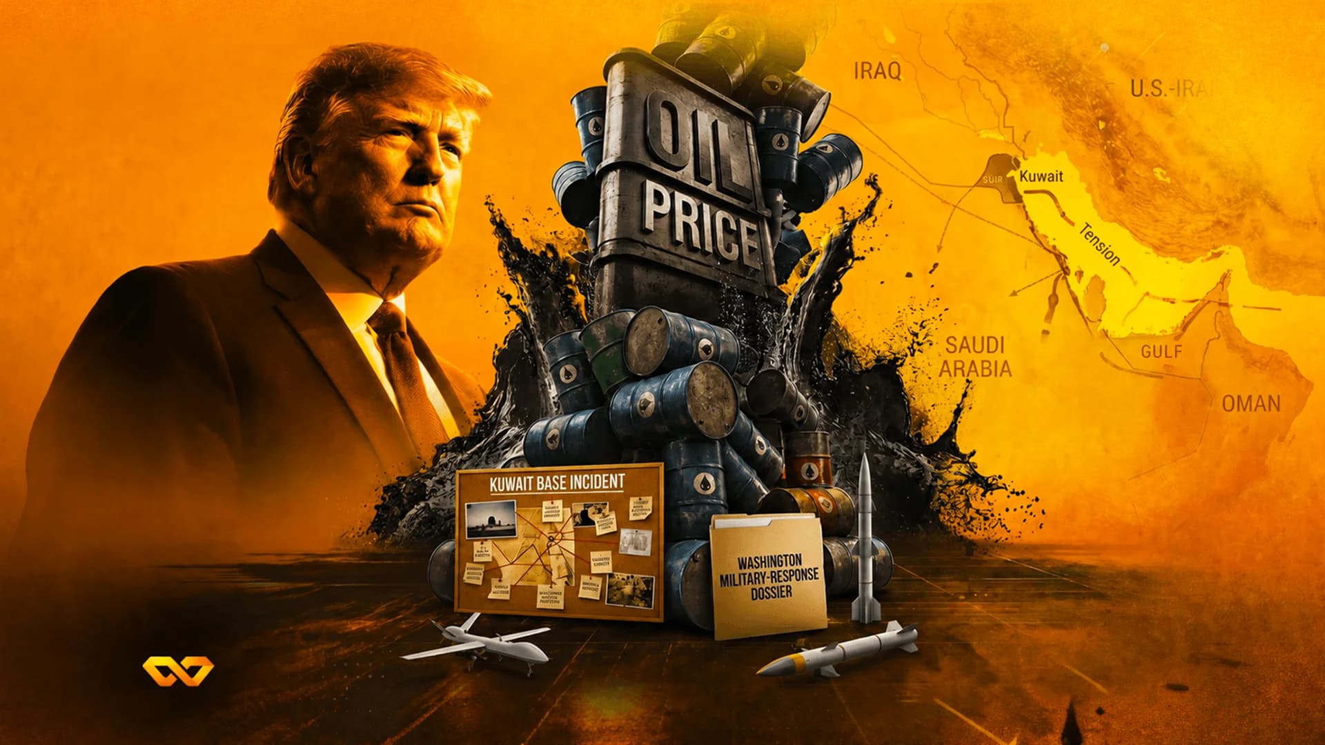 Portrait of Donald Trump next to oil barrels, a Middle East map, and military equipment on an orange background.