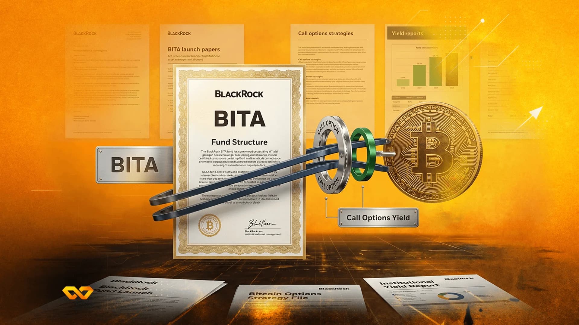 وثيقة صندوق بلاك روك BITA متصلة بعملة بيتكوين ذهبية كبيرة بواسطة ذراع آلية على خلفية برتقالية.