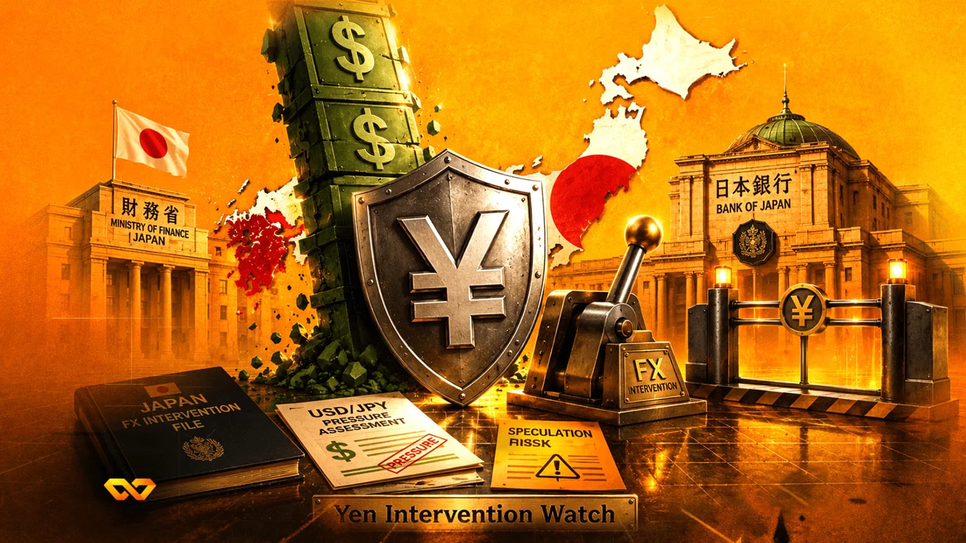 Digital illustration of a Yen shield, crumbling Dollar tower, Japanese flag, and Bank of Japan building.