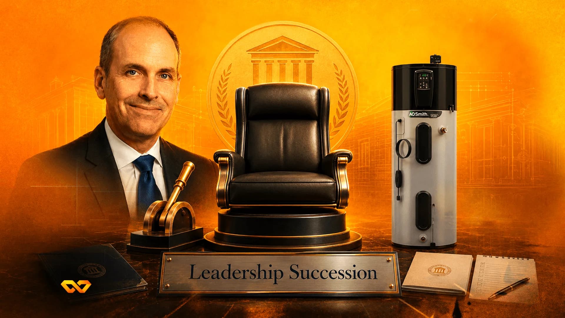 Portrait of a man in a suit next to an empty executive chair and an A.O. Smith water heater on a golden background.
