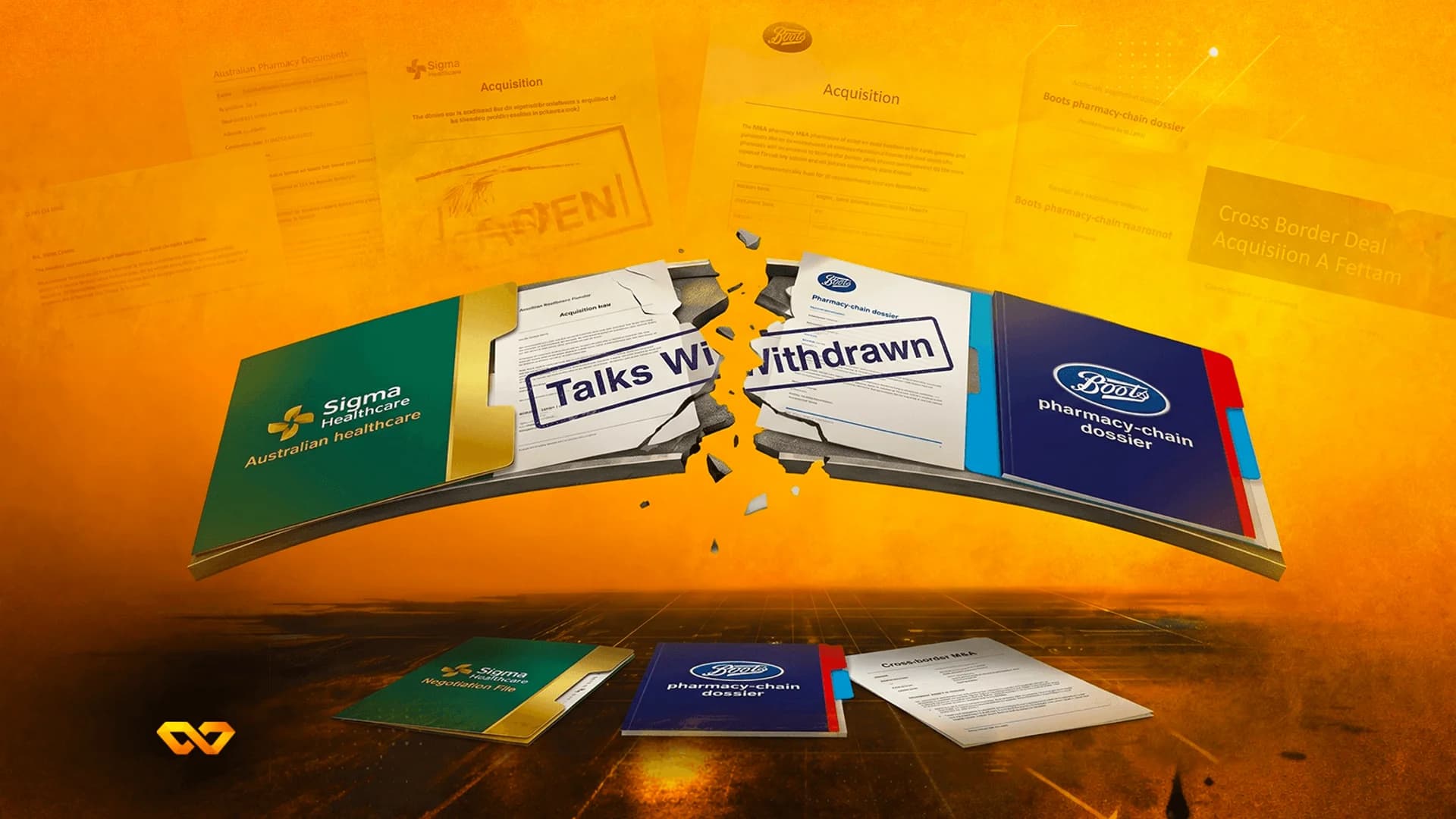 A green Sigma Healthcare folder and a blue Boots folder breaking apart with a 'Talks Withdrawn' stamp on a torn paper.