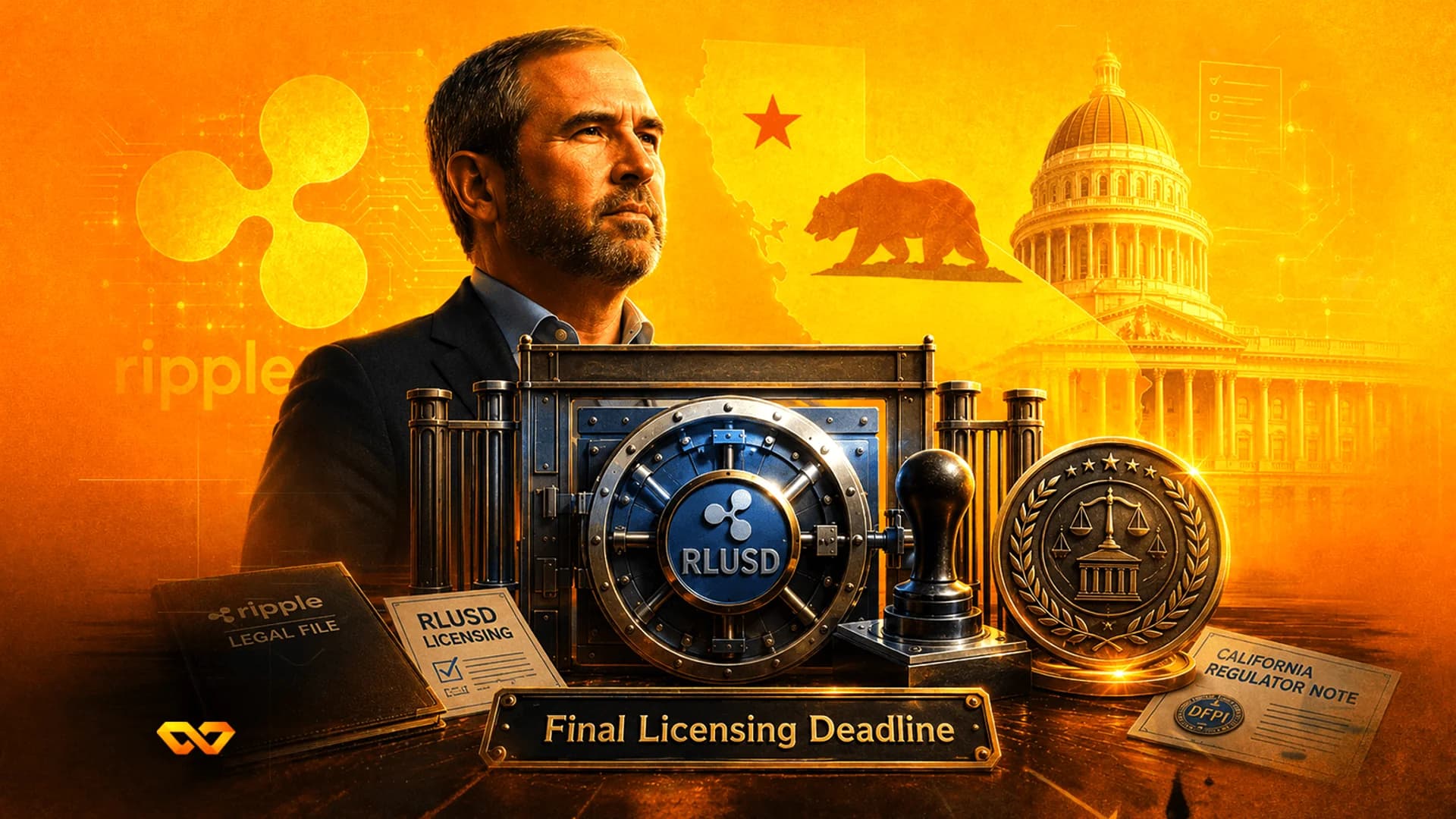 Illustration of Brad Garlinghouse with Ripple and RLUSD logos, a vault, and legal documents on an orange background.