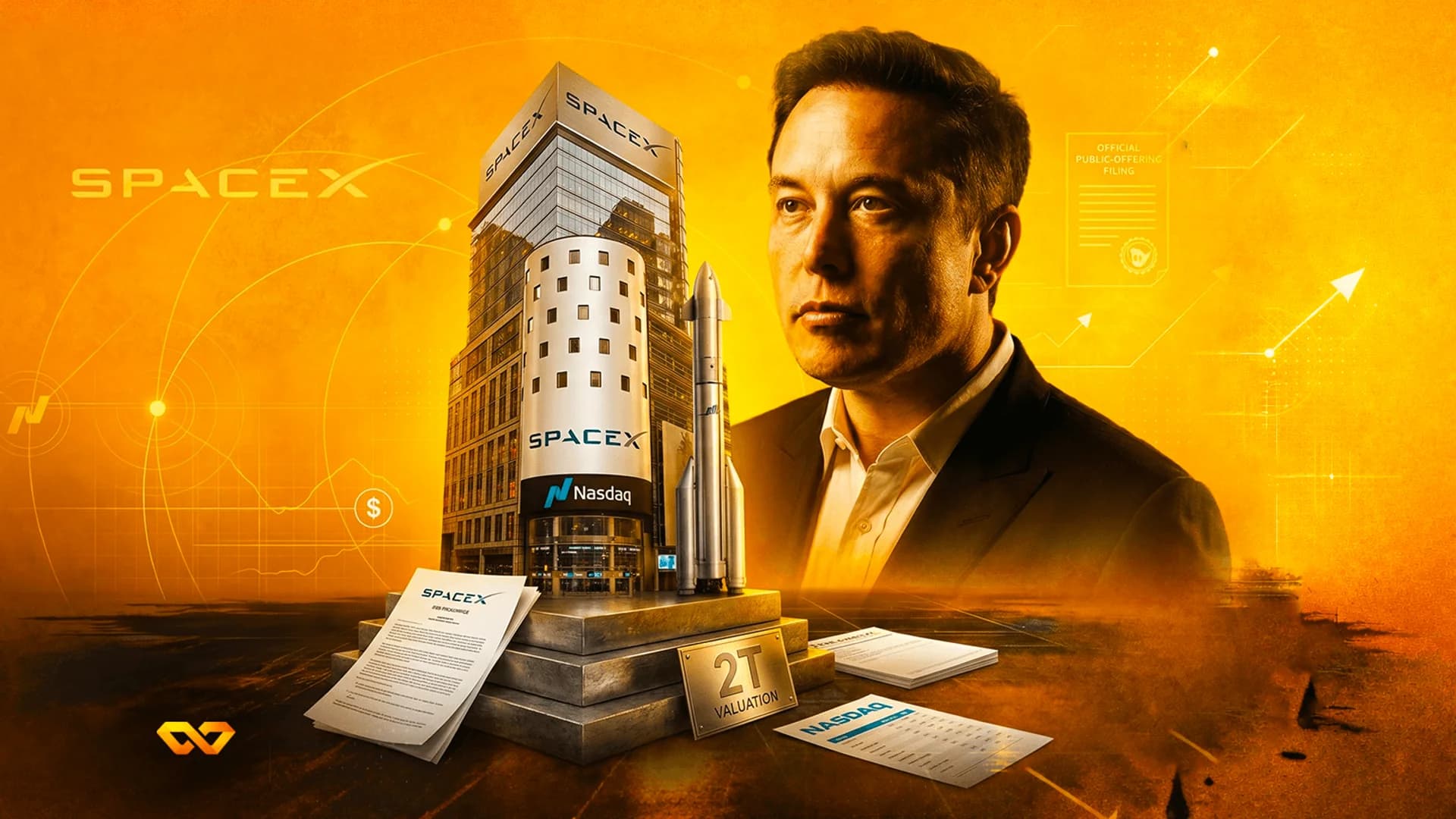 Digital illustration of Elon Musk, a SpaceX skyscraper, a rocket, and Nasdaq branding on a gold background.