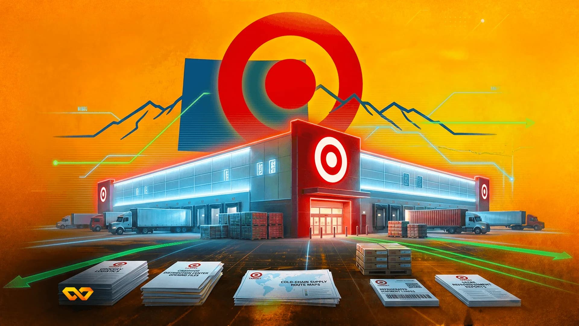 Illustration of a Target warehouse with trucks, pallets, and logistics documents under a large bullseye logo.