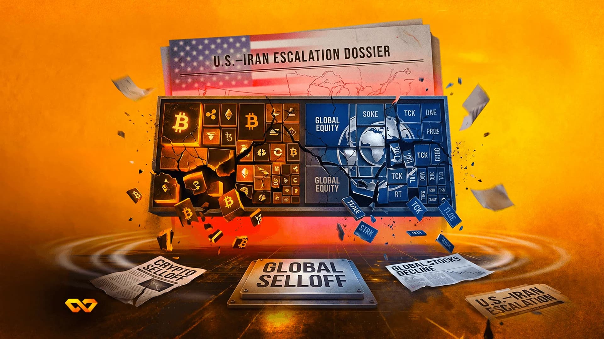 A shattered keyboard with crypto logos and global equity text, set against a U.S.-Iran escalation dossier.