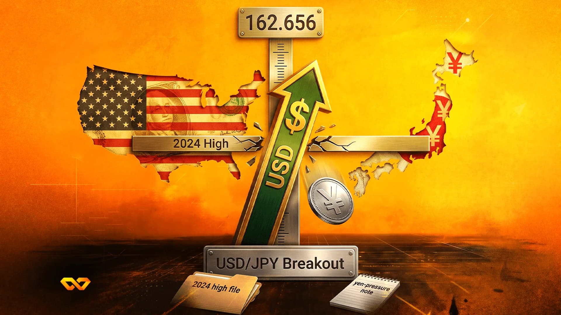 Green USD arrow breaking a 2024 High bar between USA and Japan maps with a falling yen coin on an orange background.