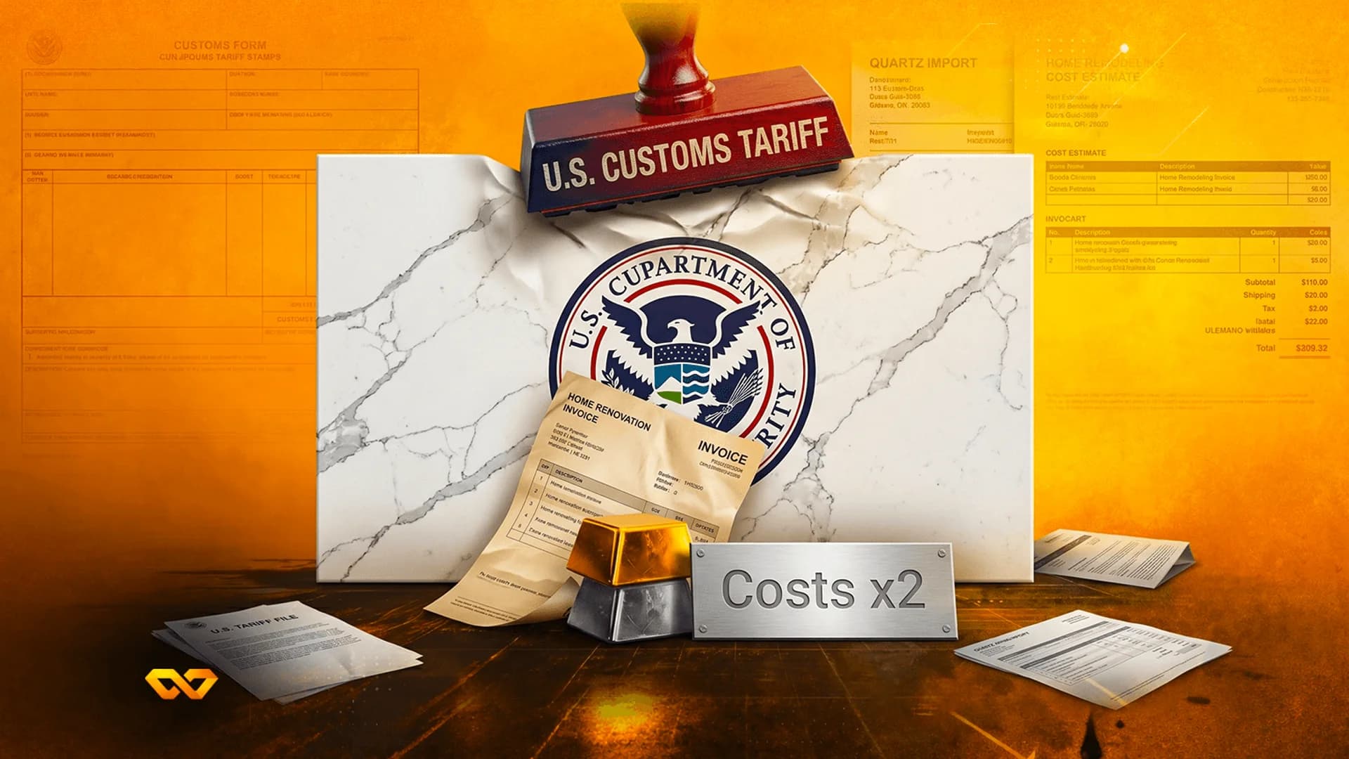 A marble block with a US security seal, a customs tariff stamp, invoices, gold bars, and a 'Costs x2' plaque.