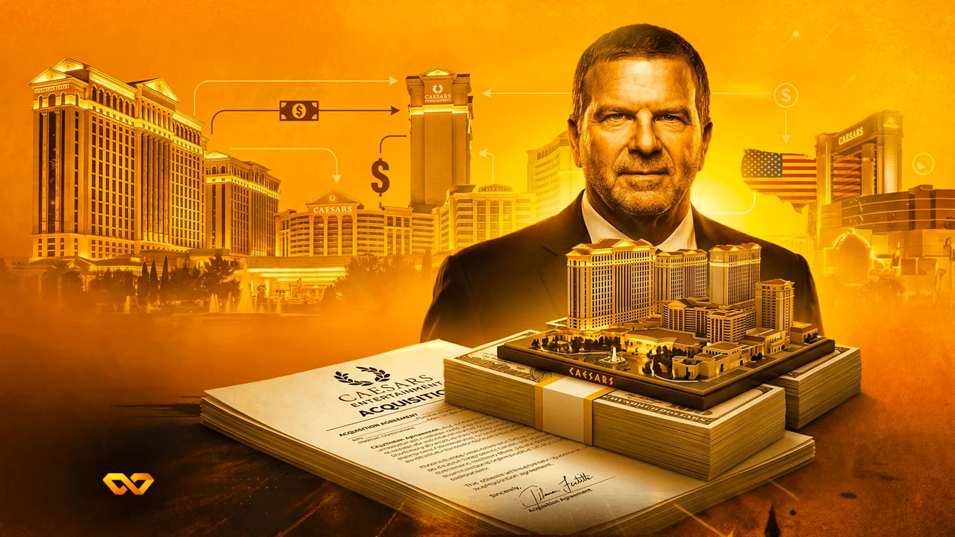 Portrait of a man with Caesars Entertainment buildings, stacks of cash, and an acquisition agreement document.