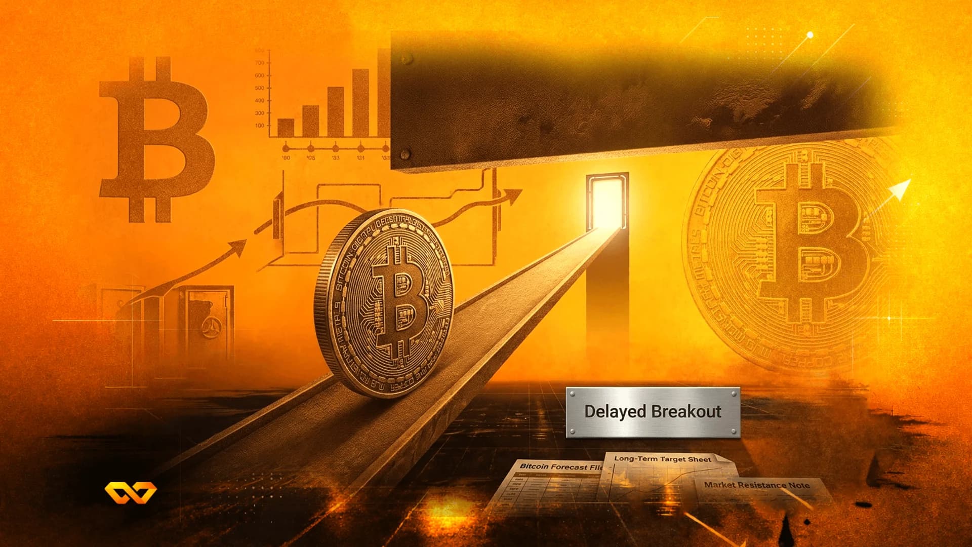 Bitcoin coin rolling up a ramp towards a bright doorway on an orange background with charts and text.