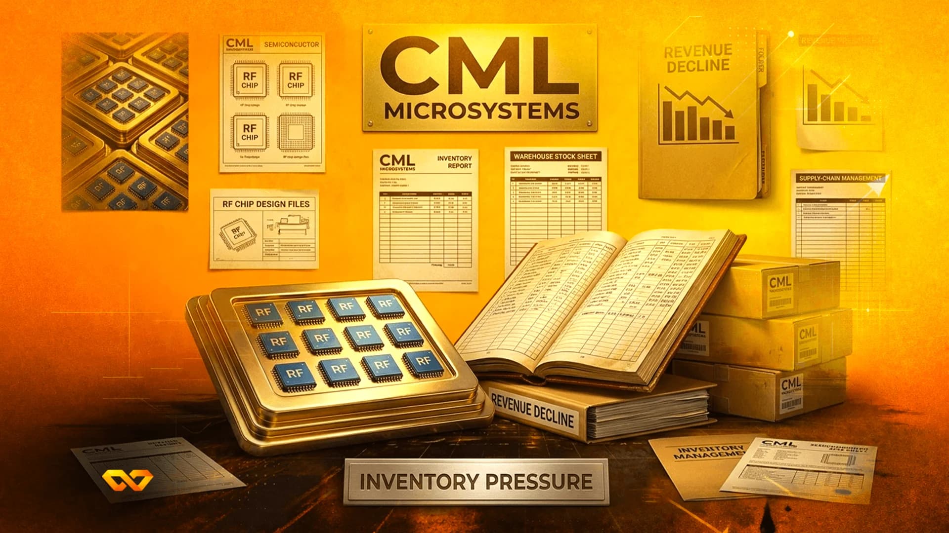 Collage of semiconductor chips, ledger books, and documents with 'CML Microsystems' and 'Revenue Decline' text.