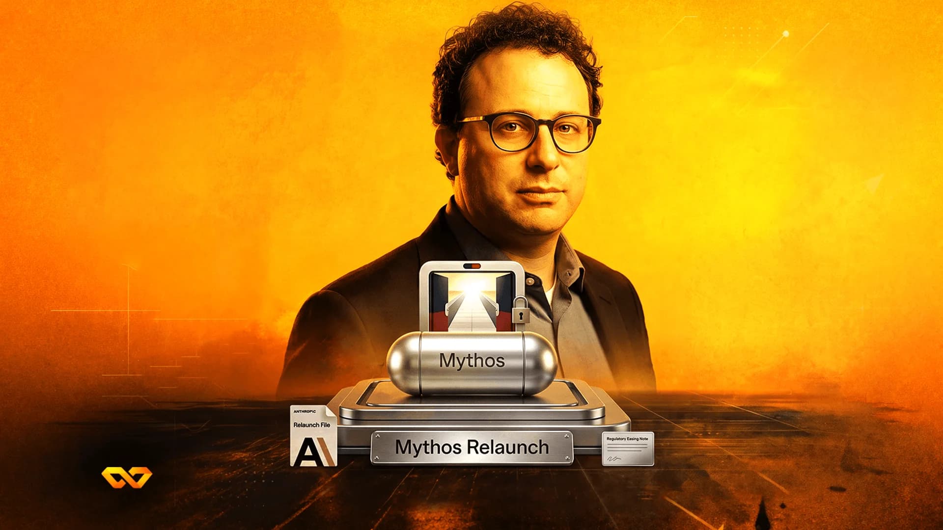 Portrait of a man with glasses above a silver capsule labeled Mythos and a base labeled Mythos Relaunch.