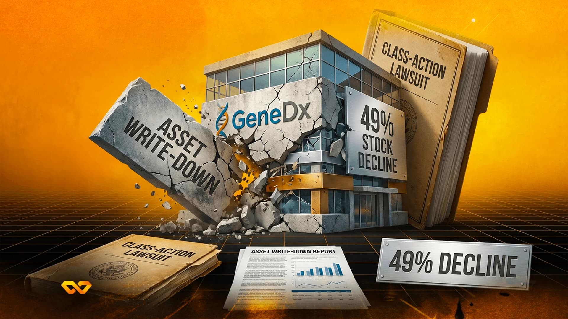 3D illustration of a GeneDx building crumbling under a stone slab labeled asset write-down, with lawsuit documents.