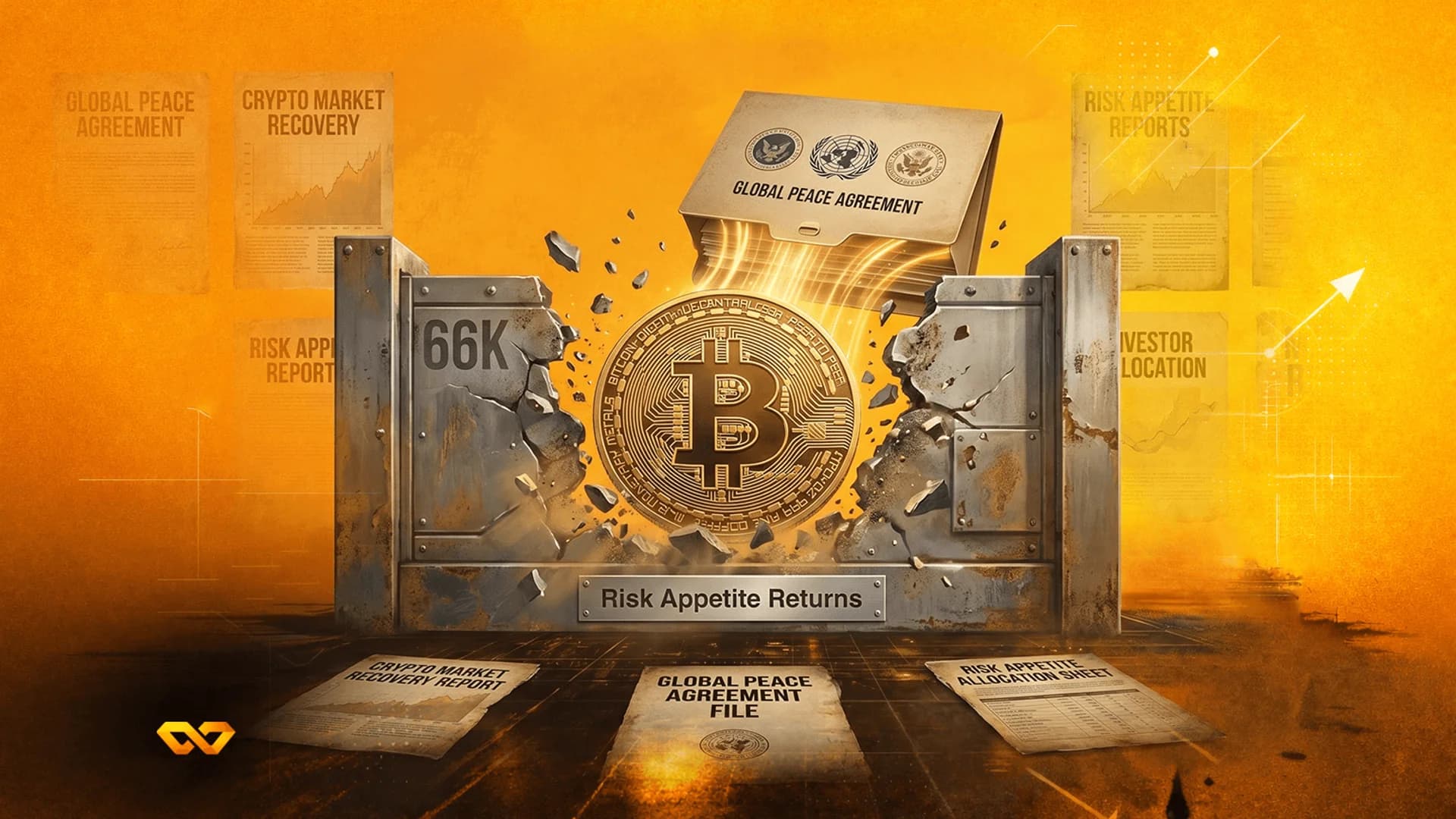 عملة بيتكوين ذهبية كبيرة تخترق جداراً حجرياً مكتوباً عليه 66K، محاطة بمستندات على خلفية برتقالية.