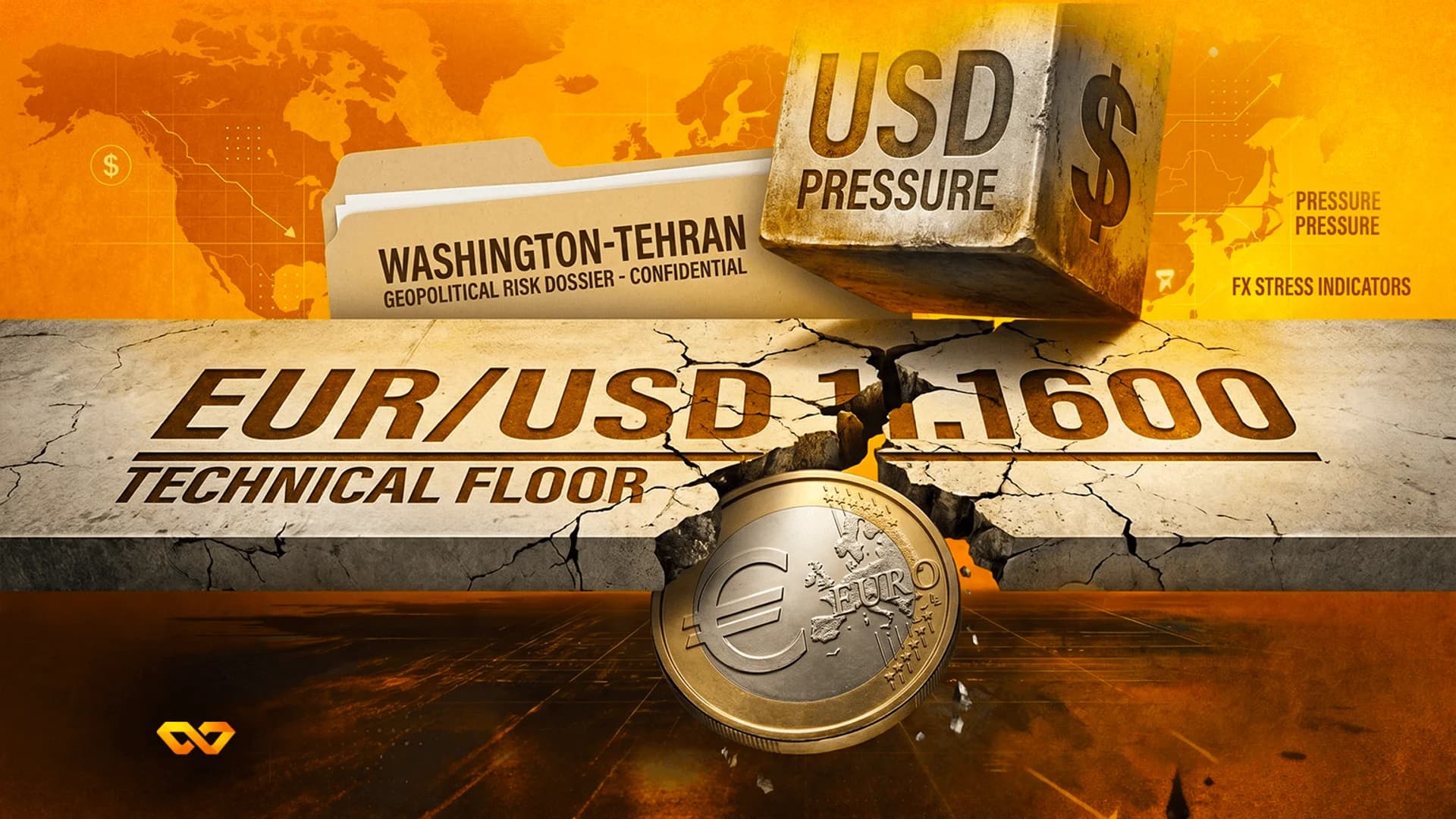 A heavy block labeled USD PRESSURE crushing a concrete slab marked EUR/USD 1.1600 TECHNICAL FLOOR.