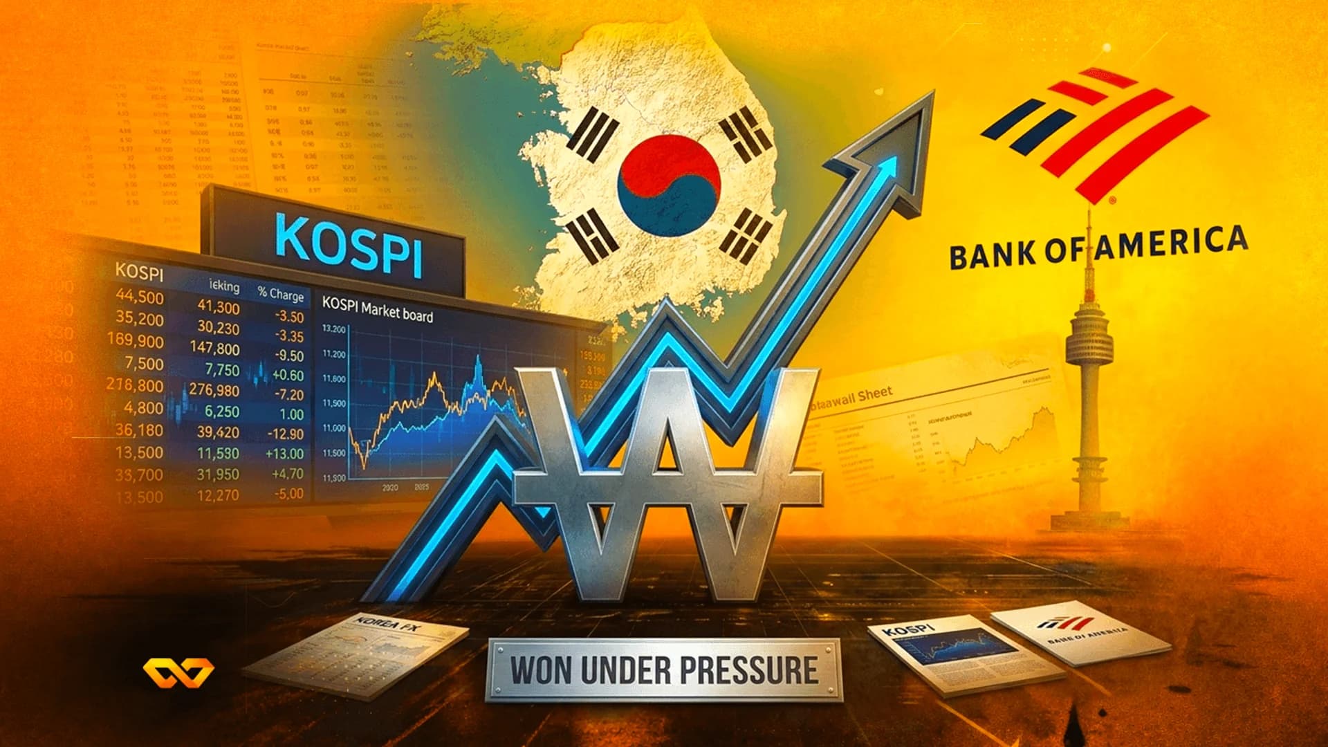 South Korean flag on a map, a large silver Won symbol with a rising blue arrow, and the Bank of America logo.