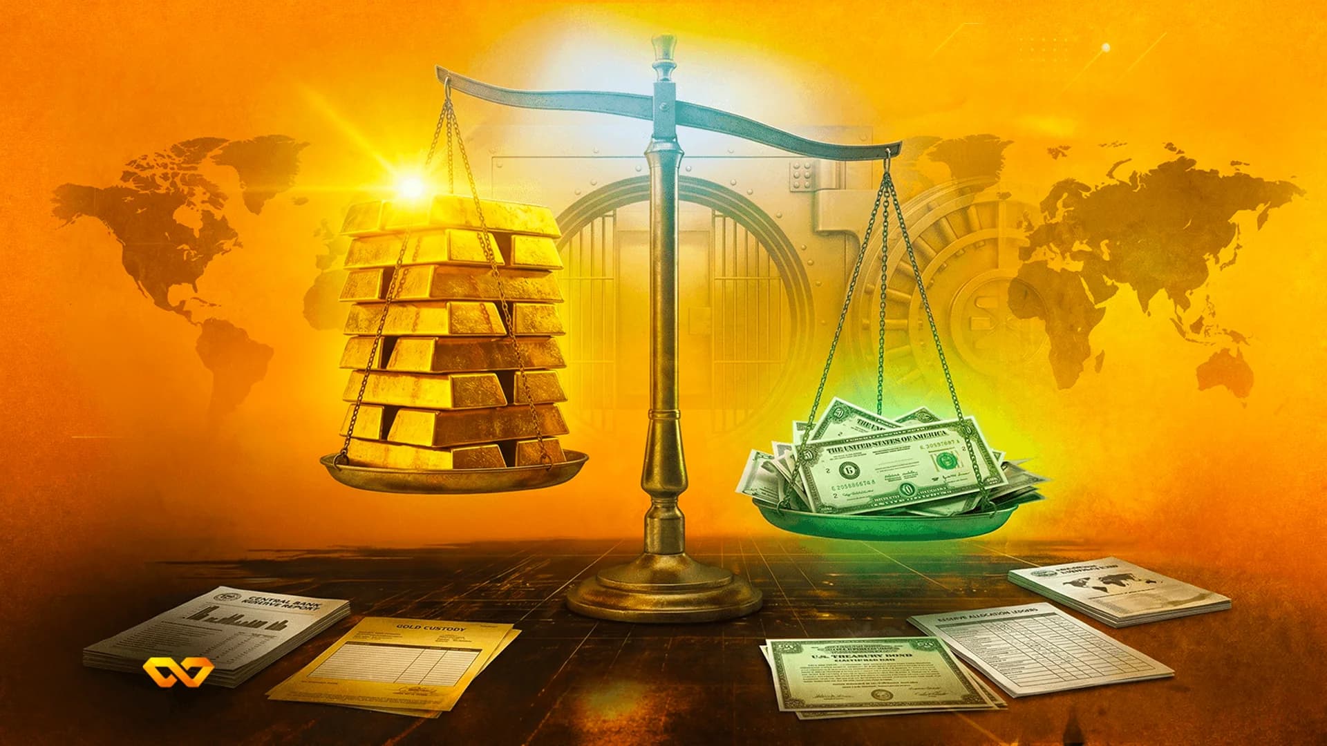 A balance scale weighing gold bars against US dollar bills in front of a bank vault and world map.