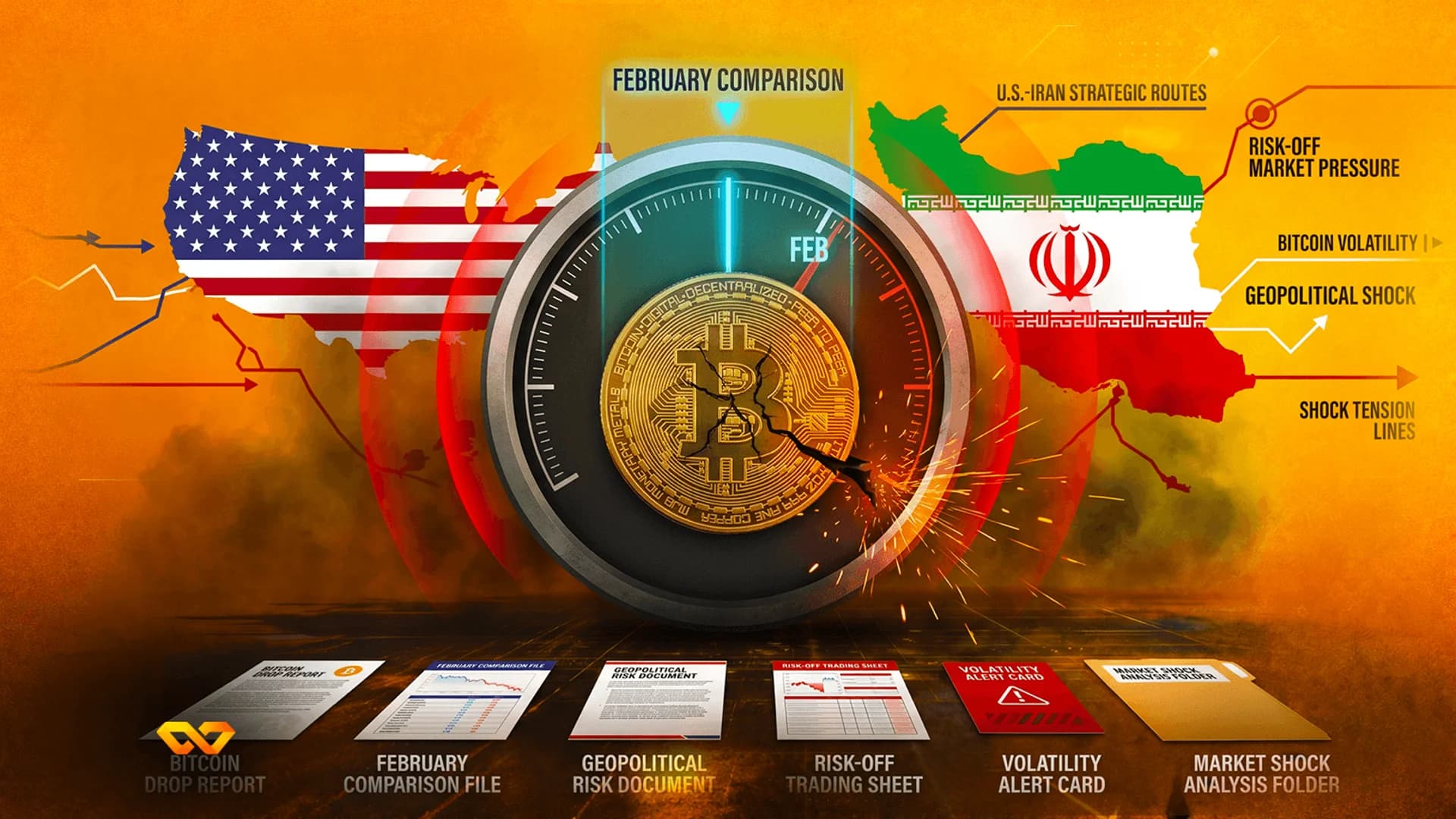 A cracked Bitcoin coin inside a gauge, flanked by the US and Iranian flags on a map background.