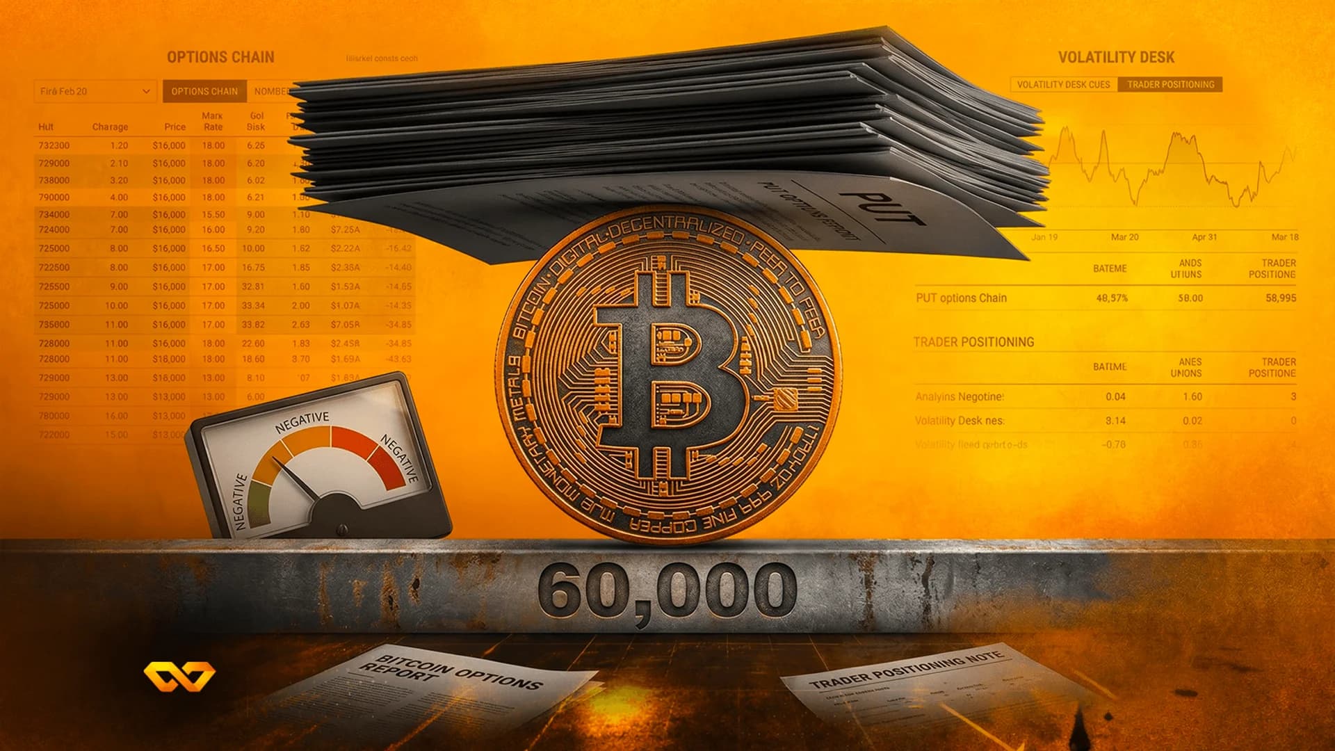 A Bitcoin coin balanced on a beam marked 60,000, with a stack of put option papers on top and a negative gauge.