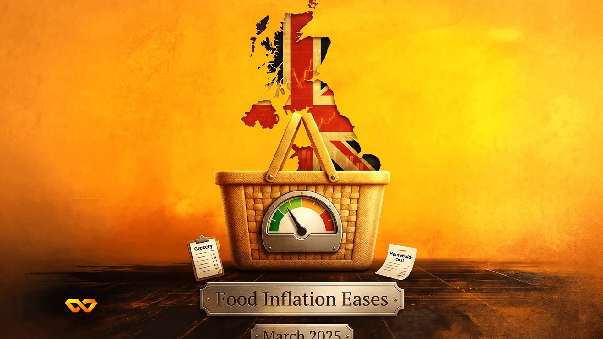 A shopping basket with a gauge needle in the green, positioned before a UK map with the Union Jack flag.