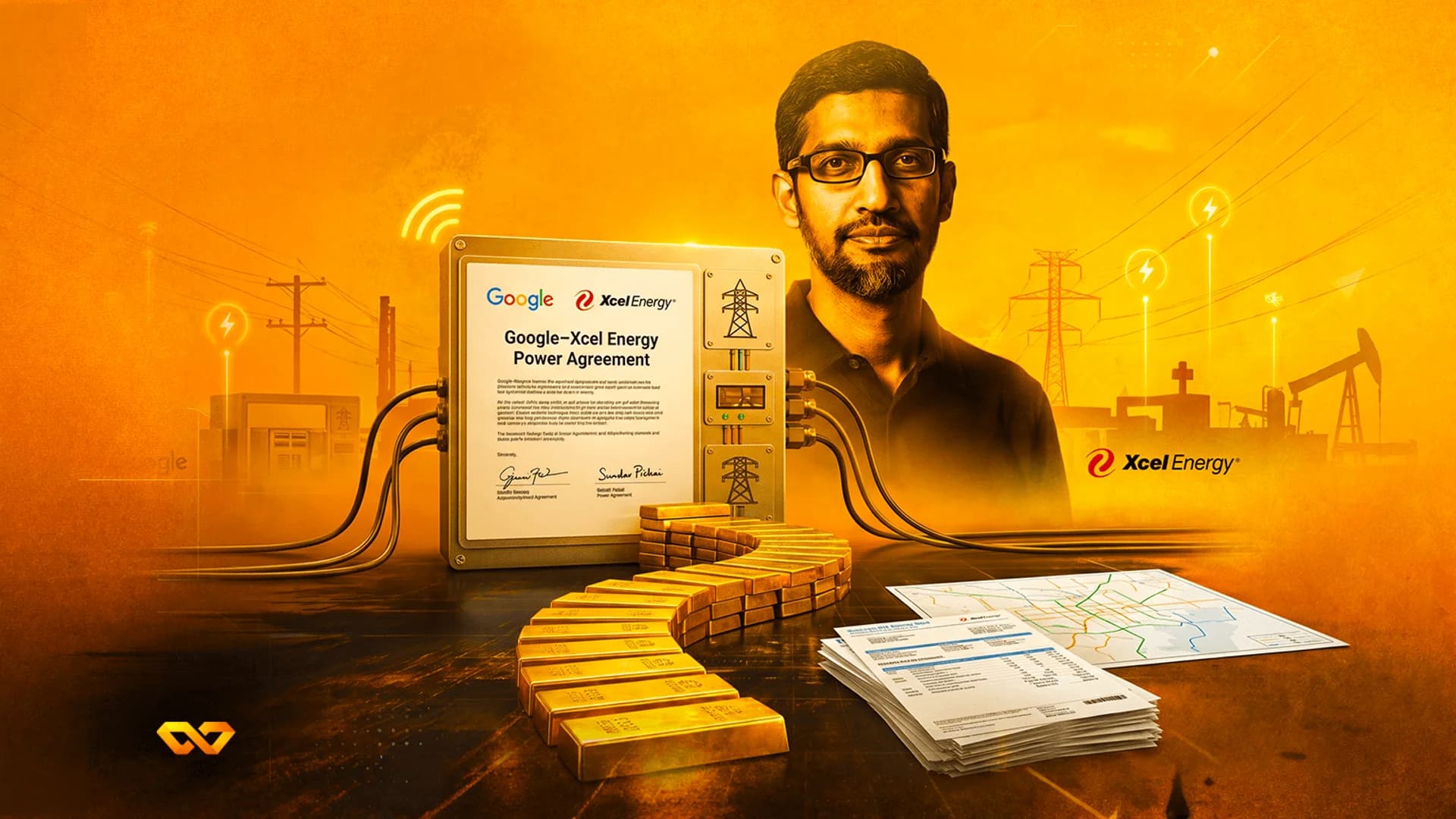 Sundar Pichai next to a Google-Xcel Energy agreement document, gold bars, and power line silhouettes on orange background.