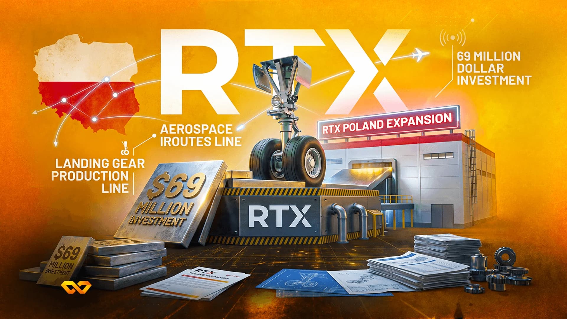 Graphic showing RTX logo, landing gear, a factory building, and a map of Poland on an orange background.