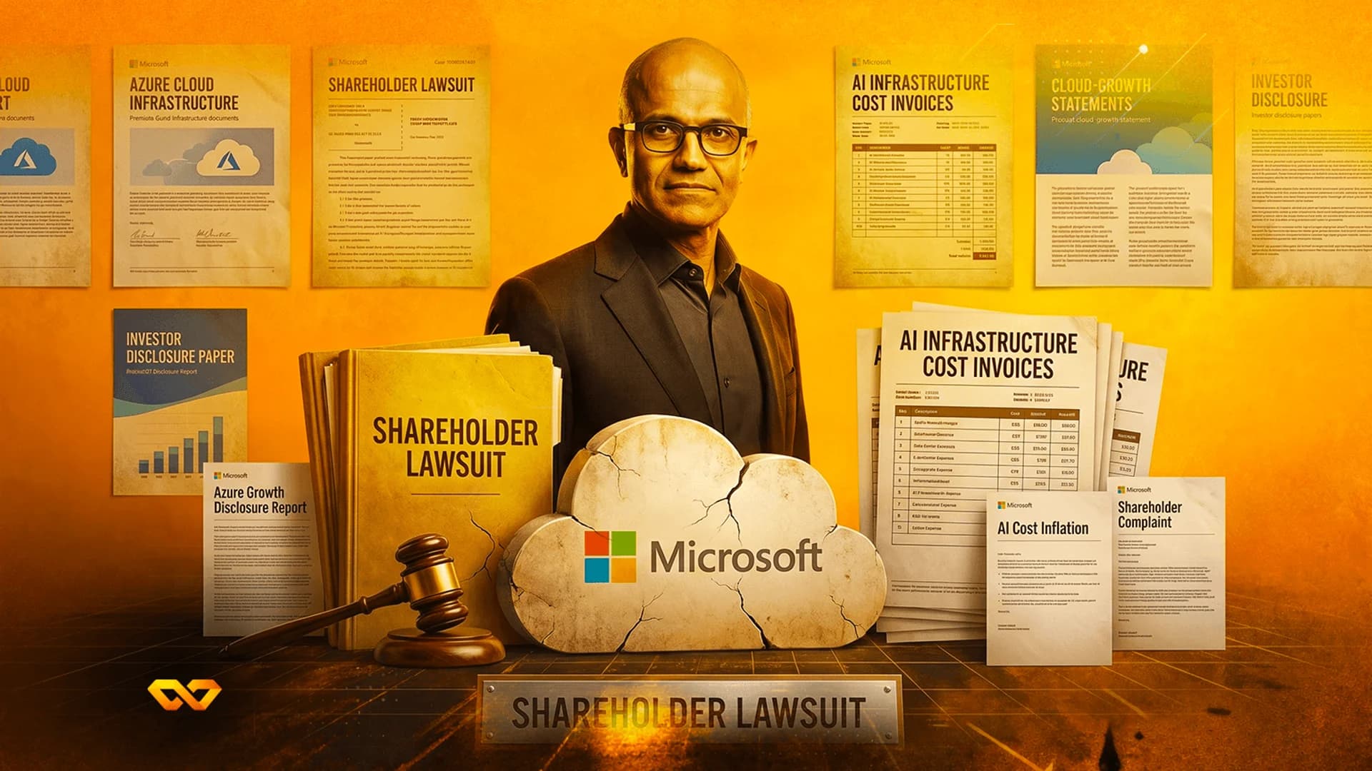 Satya Nadella stands behind a cracked Microsoft cloud logo, surrounded by legal documents and a judge's gavel.