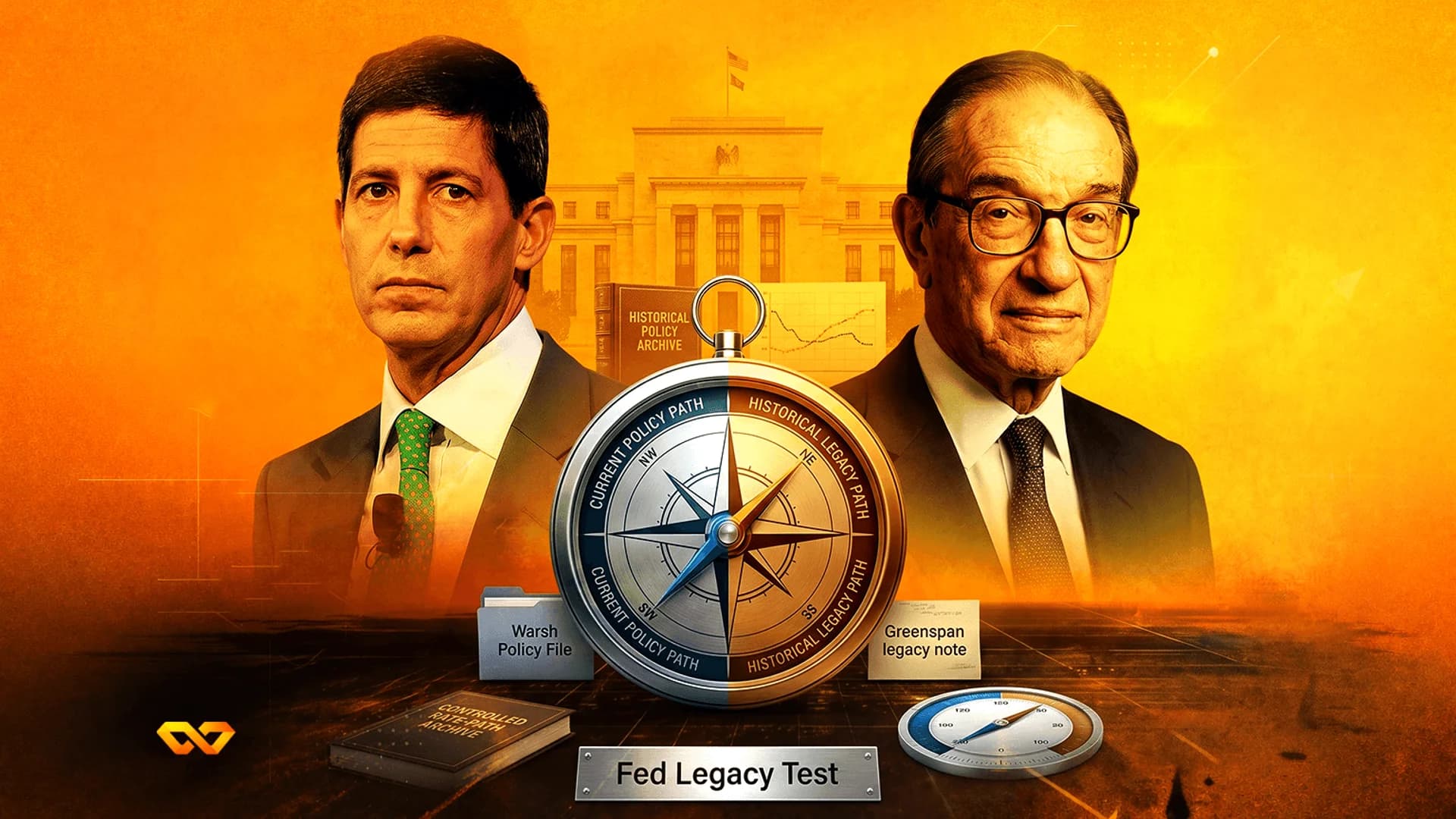 Portraits of Kevin Warsh and Alan Greenspan flanking a compass labeled with policy paths in front of the Fed building.