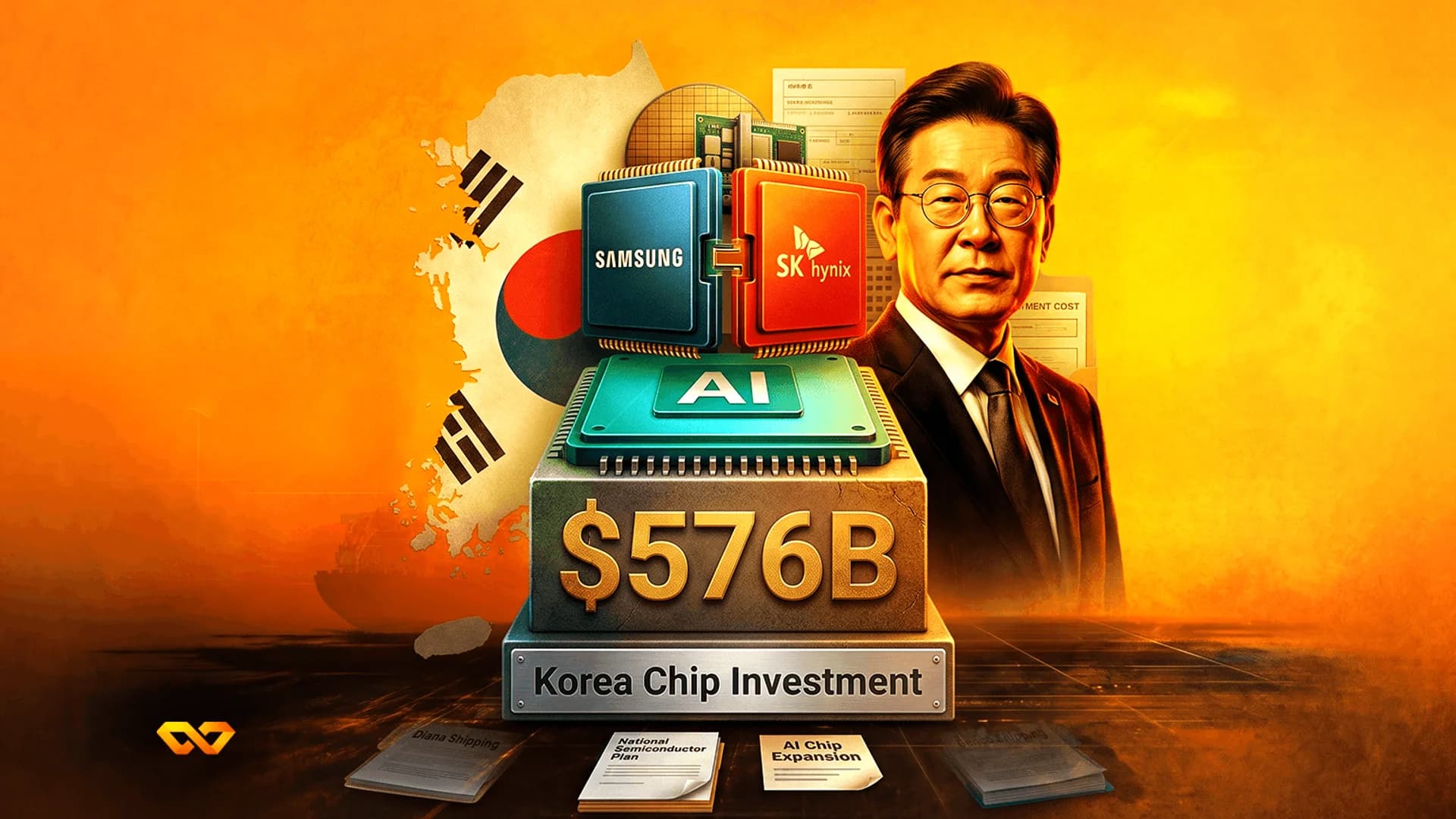 Collage with a man in a suit, Samsung and SK hynix logos, a $576B pedestal, and the South Korean flag.
