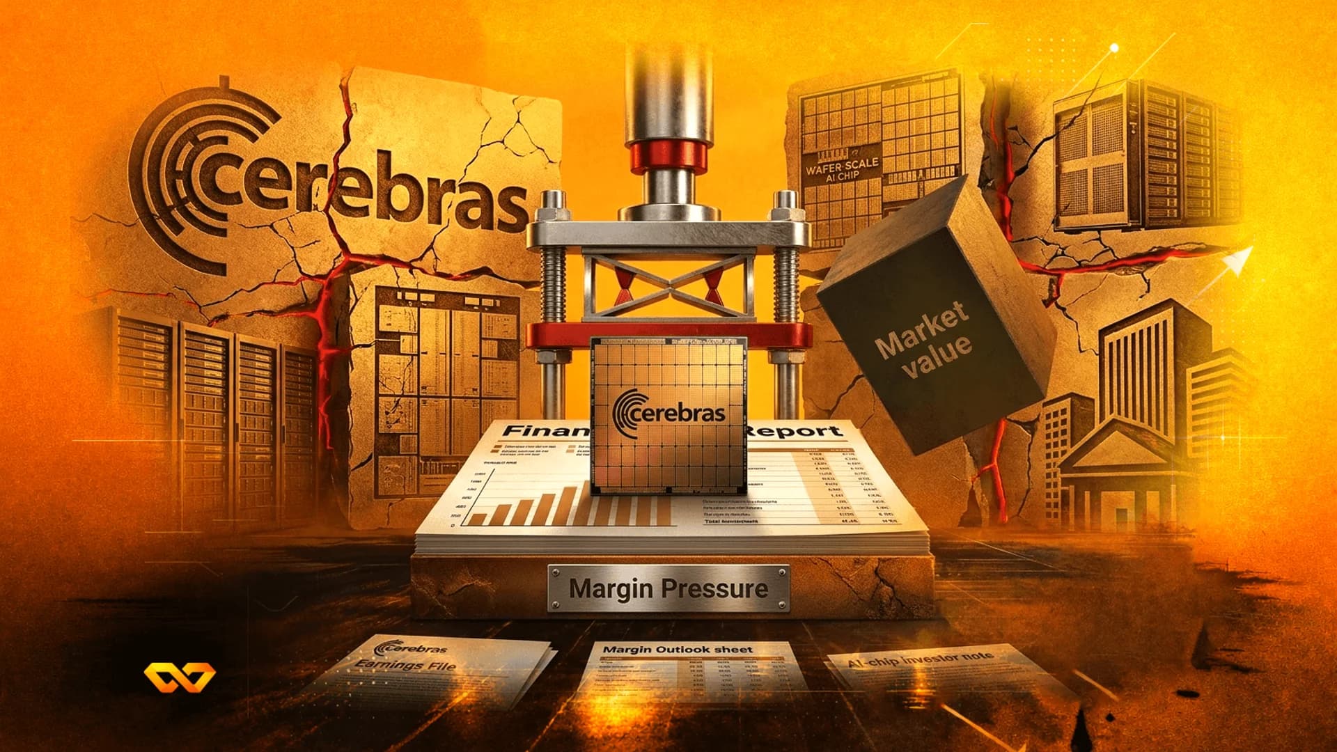 A mechanical press crushing a Cerebras AI chip on a financial report, with a 'Margin Pressure' label.