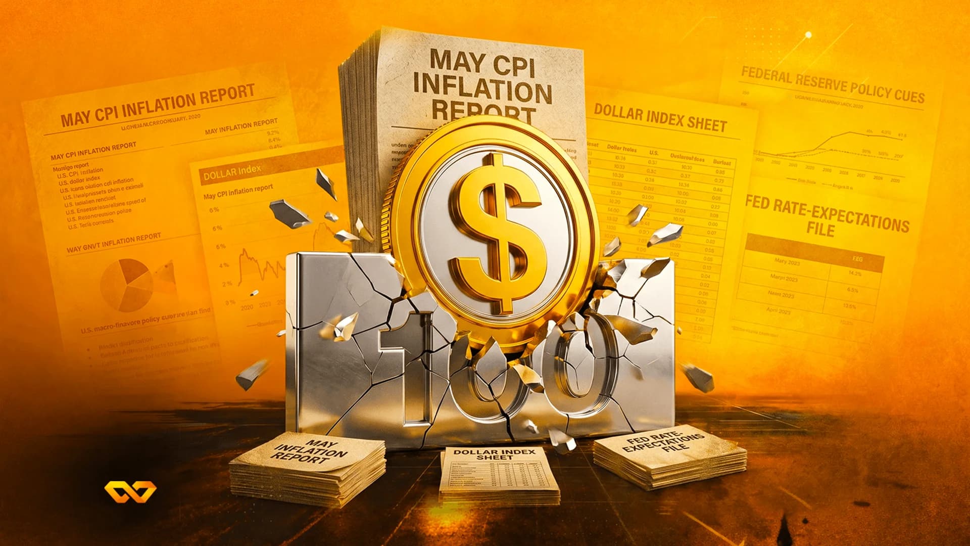 A gold dollar sign coin smashing through a cracked silver '100' block against a backdrop of financial reports.