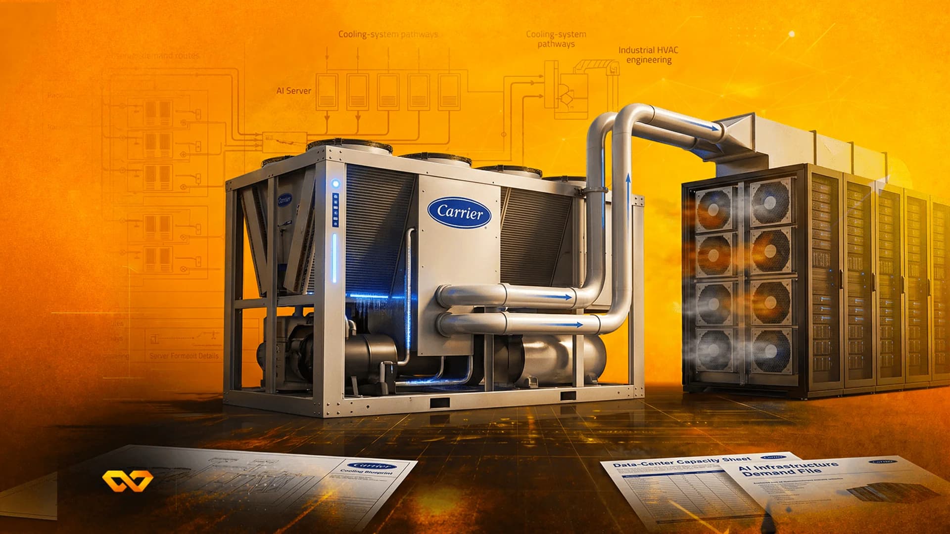 Carrier industrial cooling unit connected to server racks with technical diagrams on an orange background.