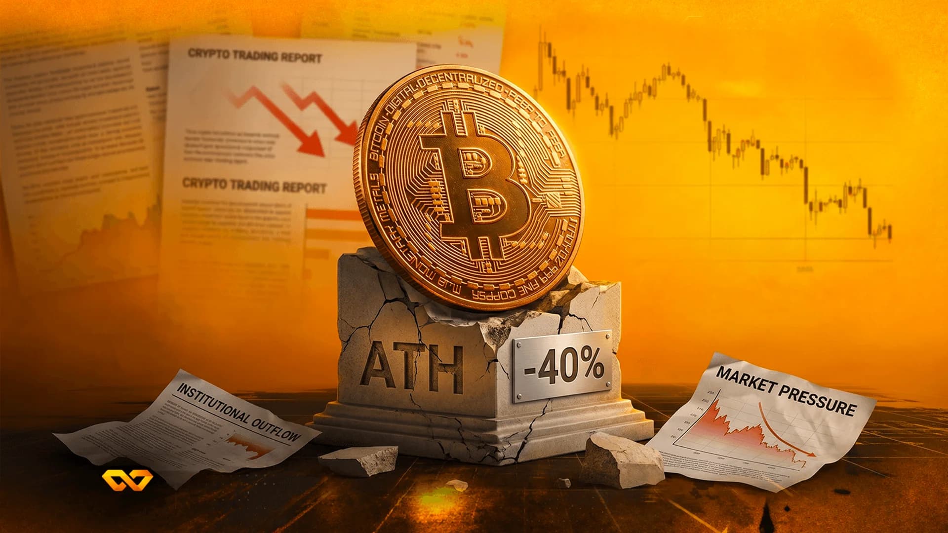 A golden Bitcoin coin on a cracked stone pedestal marked ATH and -40% against a backdrop of falling market charts.