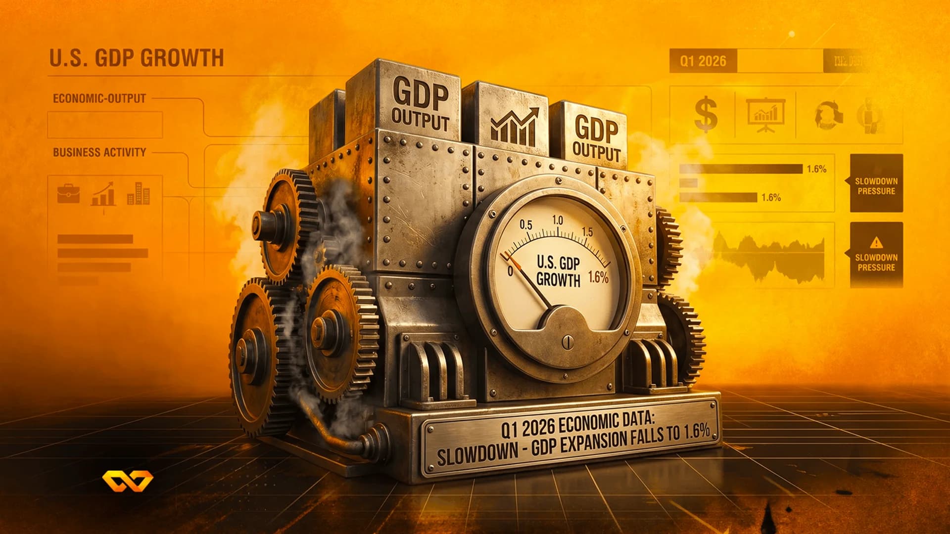 Steampunk machine with gears and a gauge showing 1.6% U.S. GDP growth against an orange background with charts.