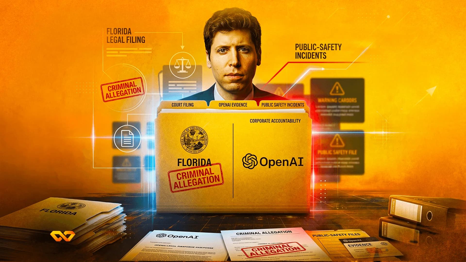 Illustration of Sam Altman behind a folder with 'OpenAI' and 'Criminal Allegation' text on an orange background.