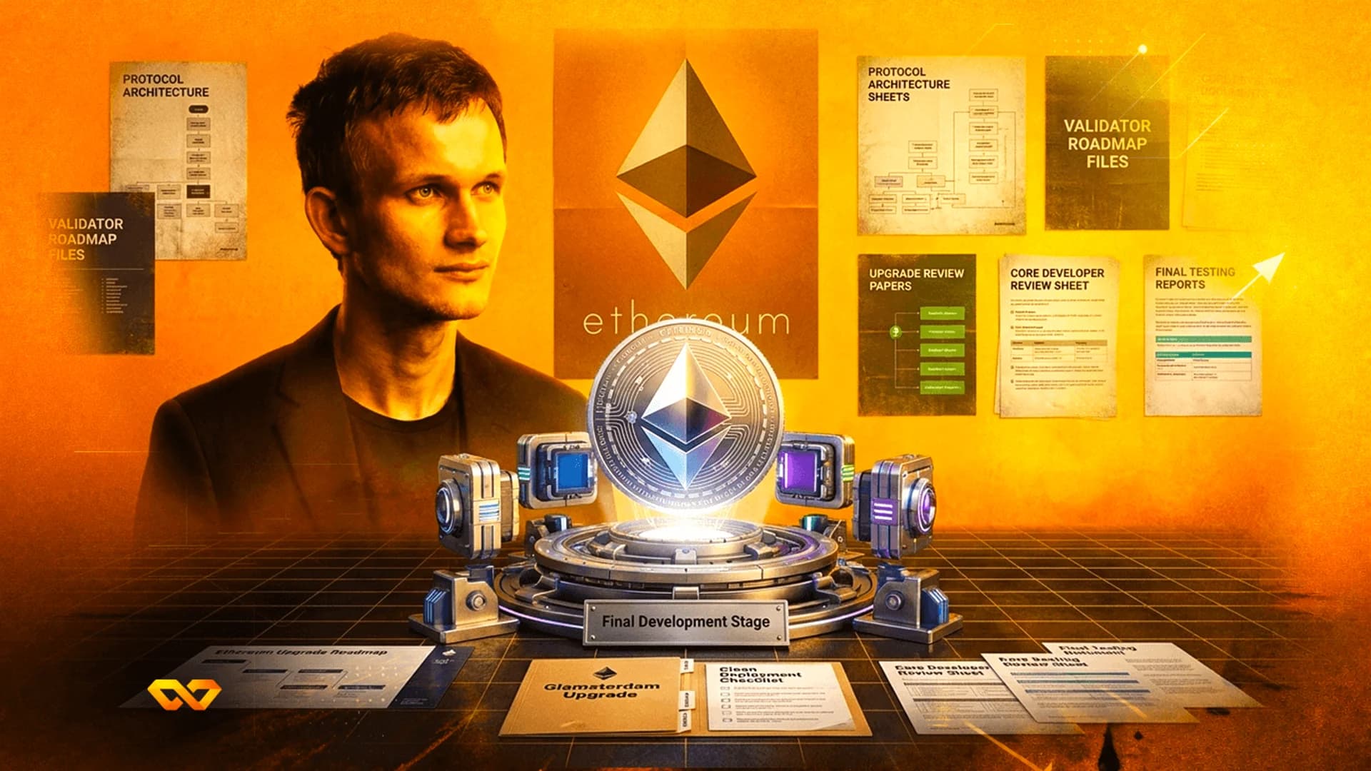 Portrait of Vitalik Buterin next to an Ethereum logo and documents on a futuristic development stage.