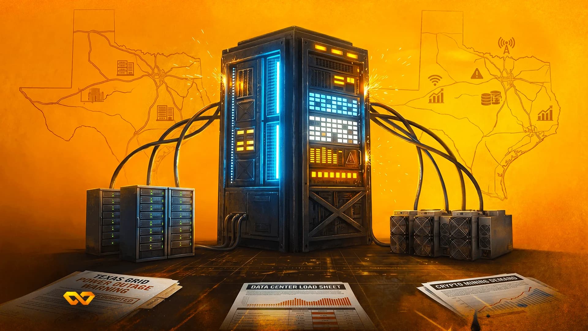 Digital illustration of a glowing server rack connected to mining hardware against a map of Texas with grid warnings.
